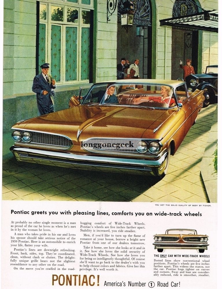 1959 Pontiac BONNEVILLE Canyon Copper 4-door art  by VK & AF Vintage Ad 