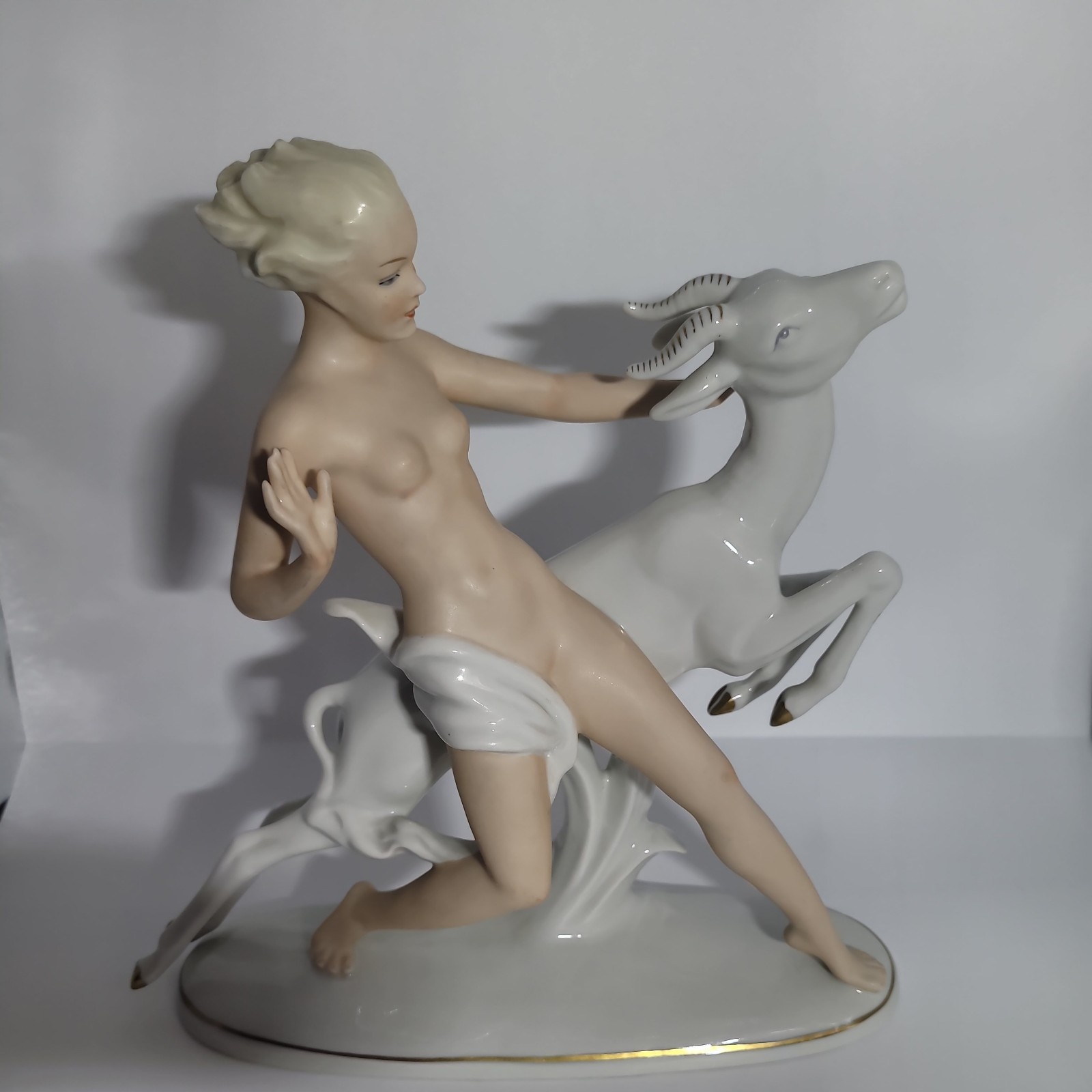 Art Deco Wallendorf Nude Woman with Rearing Gazelle Deer Porcelain Figurine 1764 Art Deco Wallendorf Nude Woman with Rearing Gazelle Deer Porcelain Figurine 1764