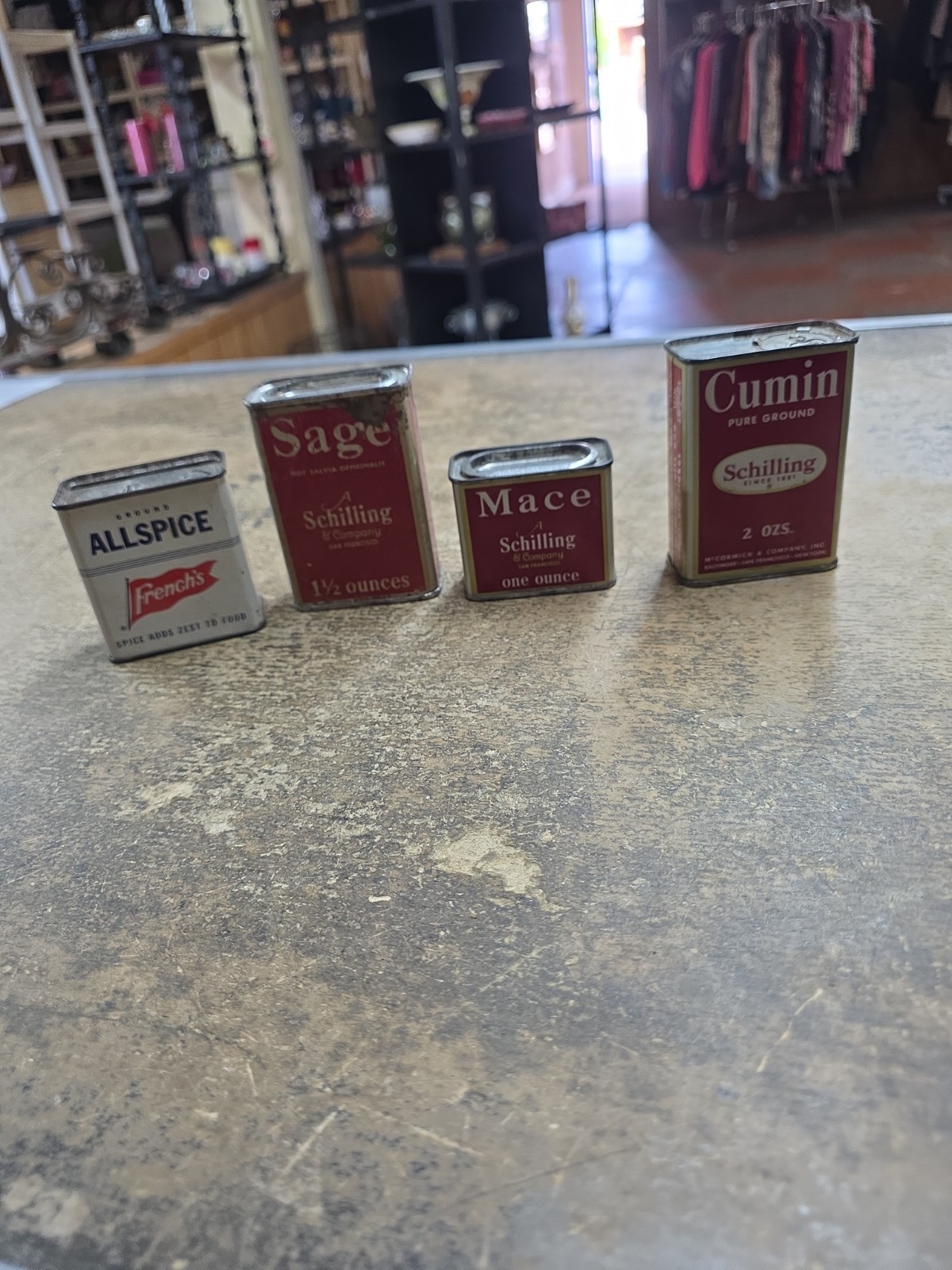 Schilling Vintage Spice Tins Metal Slide Tops Lot of 4 Schilling Vintage Spice Tins Metal Slide Tops Lot of 4