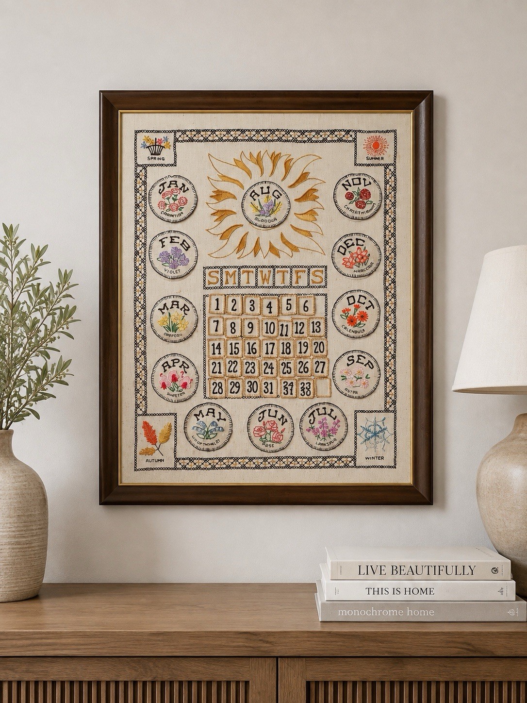 Rare Vintage Better Homes And Garden Perpetual Calendar Embroidered 24x18 Framed