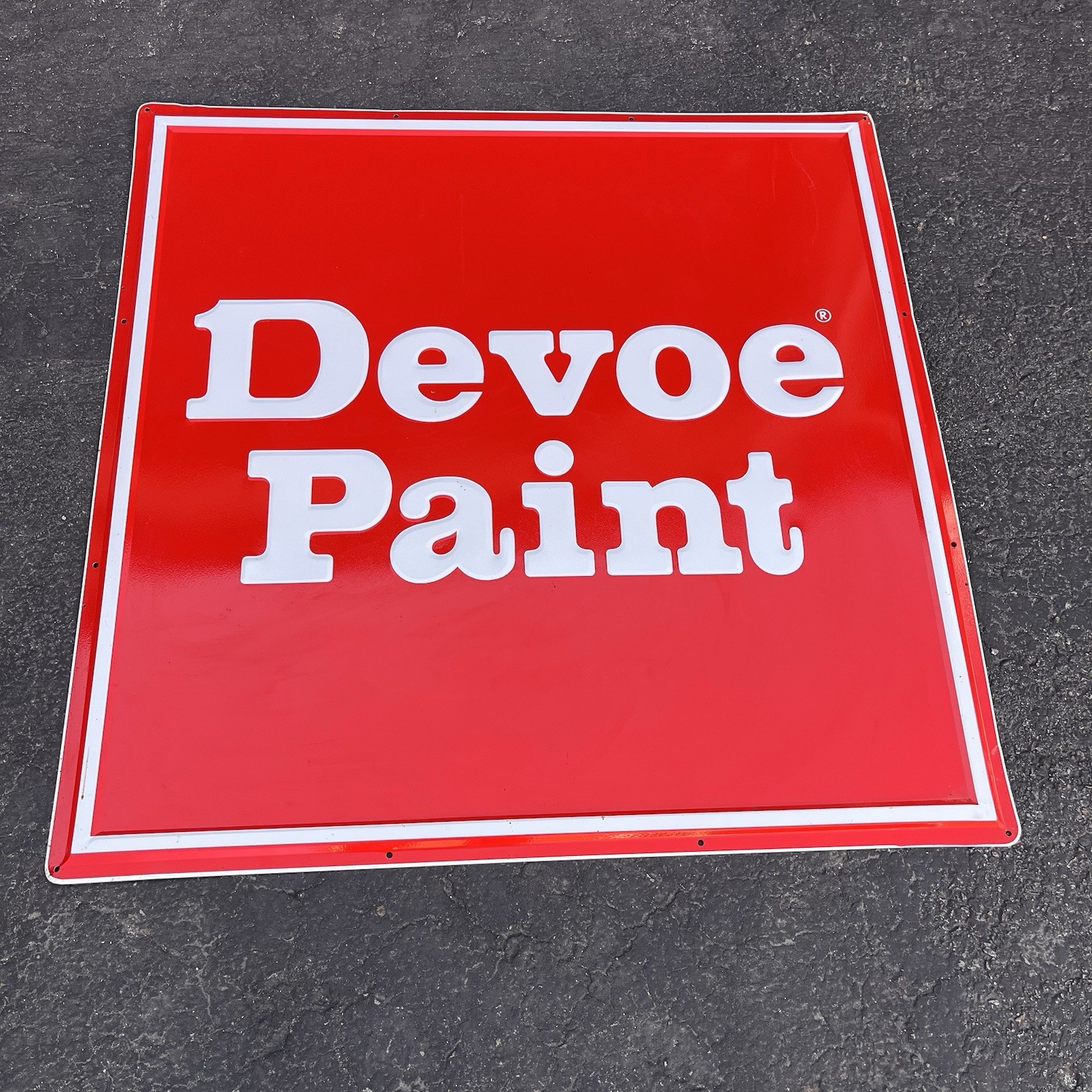 Vintage Devoe Paint Advertising Metal Sign 48” x 48” Red Mancave Vintage Devoe Paint Advertising Metal Sign 48” x 48” Red Mancave