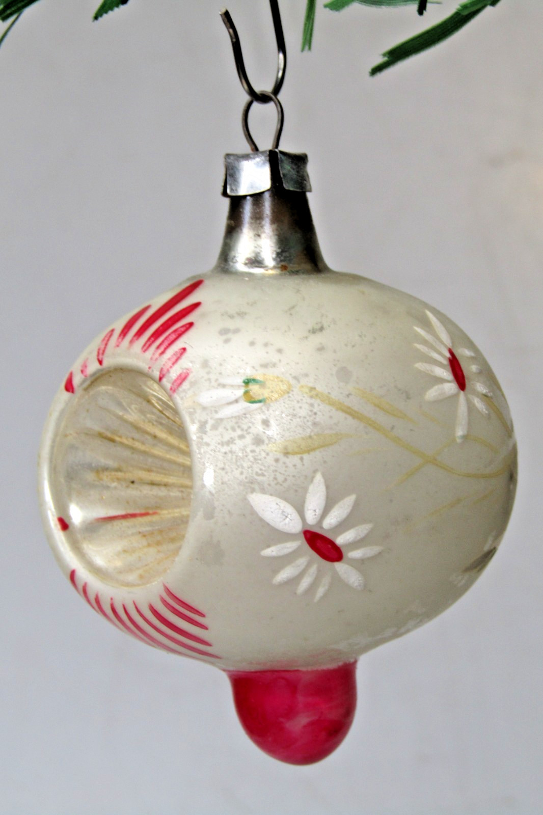 VTG Glass Double Indent FLOWER Pictured Finial DROP Christmas Ornament Poland #4