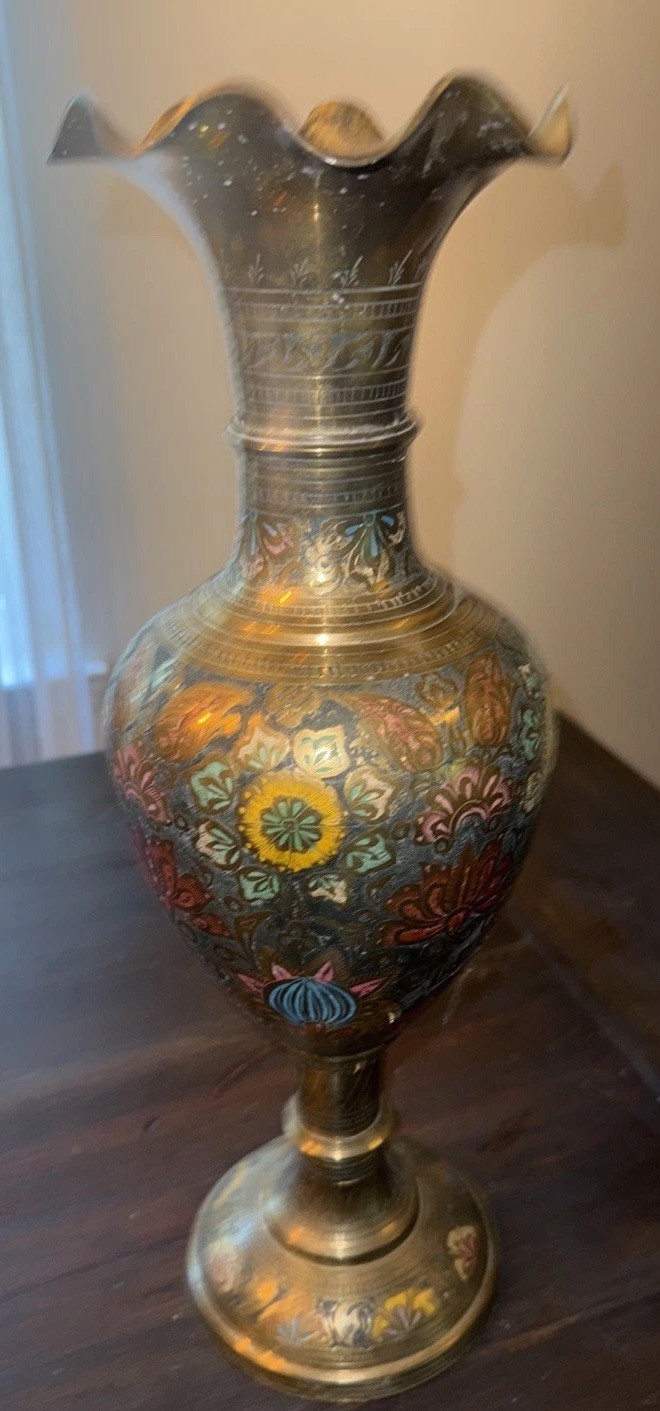 Antique 17.5 In Hand Etched Painted Brass Floral Vase Ruffled Edge