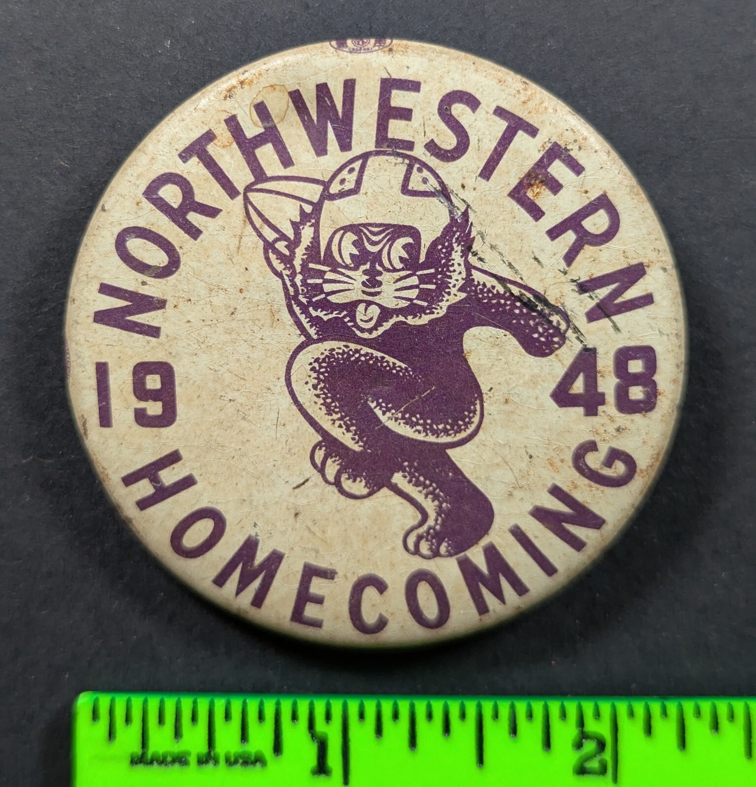 Vintage 1948 Northwestern Homecoming Football Pinback Pin (Dent and Wear)