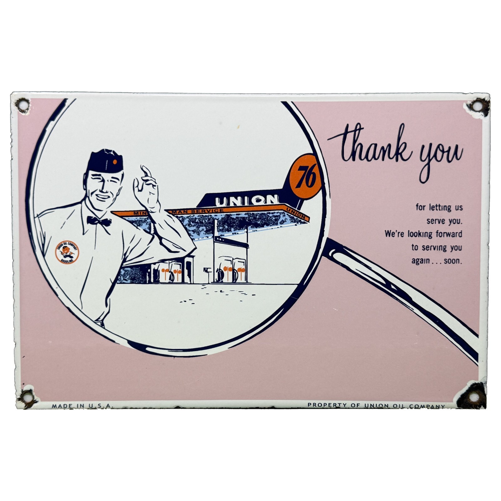 VINTAGE UNION 76 THANK YOU PORCELAIN SIGN MINUTE MAN SERVICE GAS STATION PINK VINTAGE UNION 76 THANK YOU PORCELAIN SIGN MINUTE MAN SERVICE GAS STATION PINK