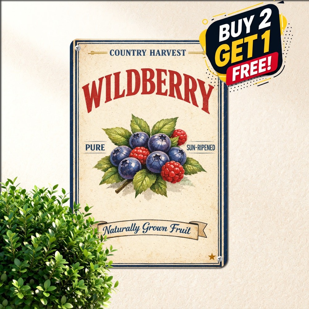 100% Organic Blueberry Metal Sign Fresh Fruit Farmhouse Wall Decor 8x12