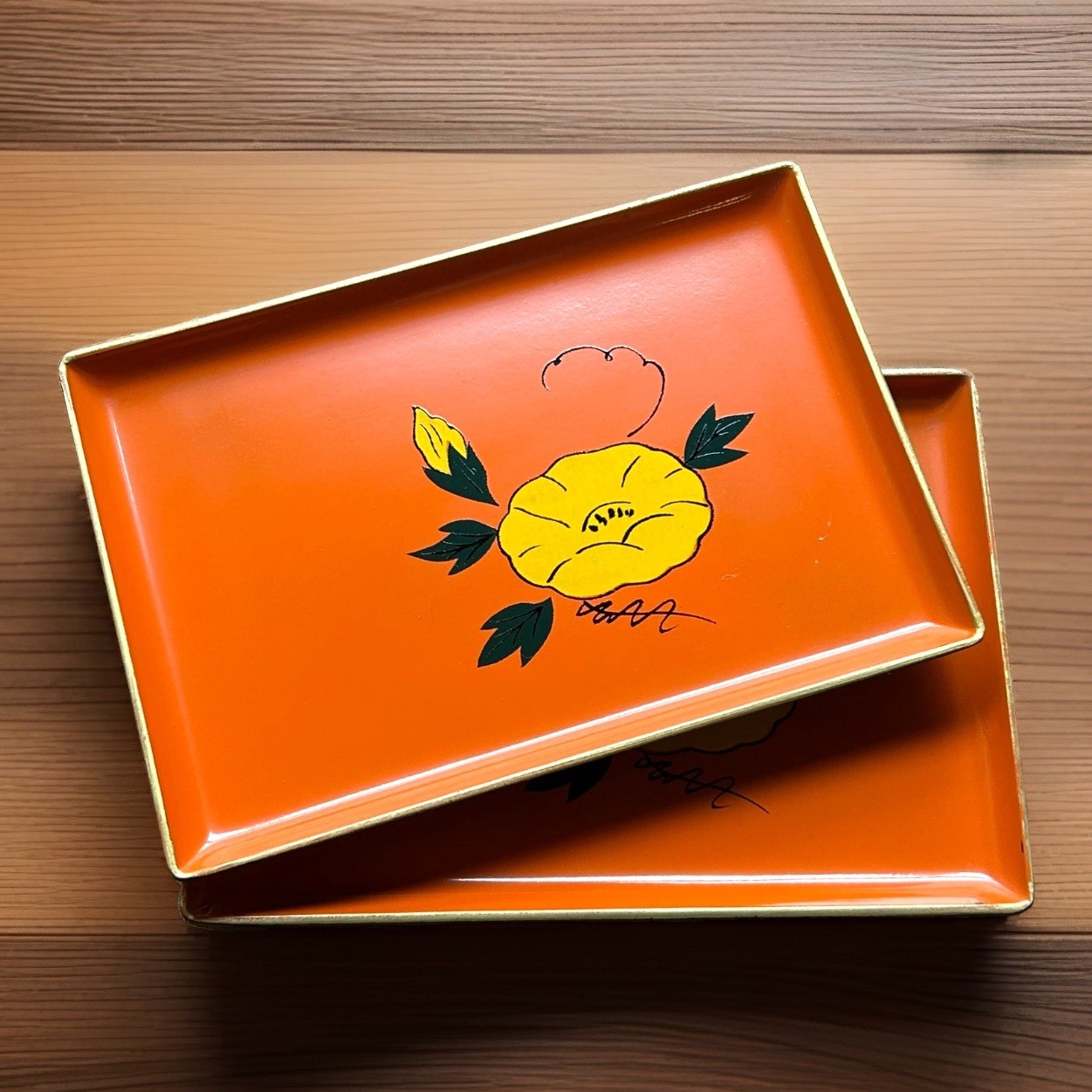 Vintage Orange Yellow Floral Lacquer Small Tray Set 4 60s 70s MCM Norleans Japan