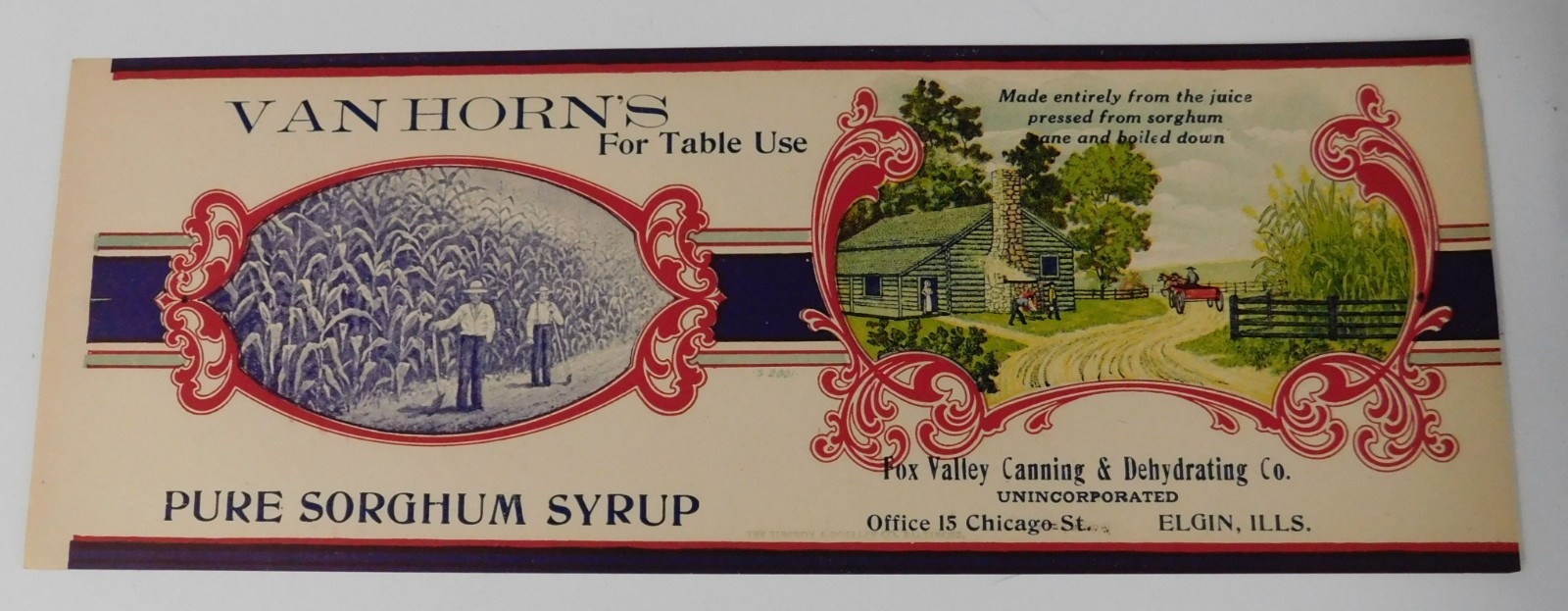 Vintage Van Horn\'s Pure Sorghum Syrup Can Label Engin,Illinois Vintage Van Horn\'s Pure Sorghum Syrup Can Label Engin,Illinois