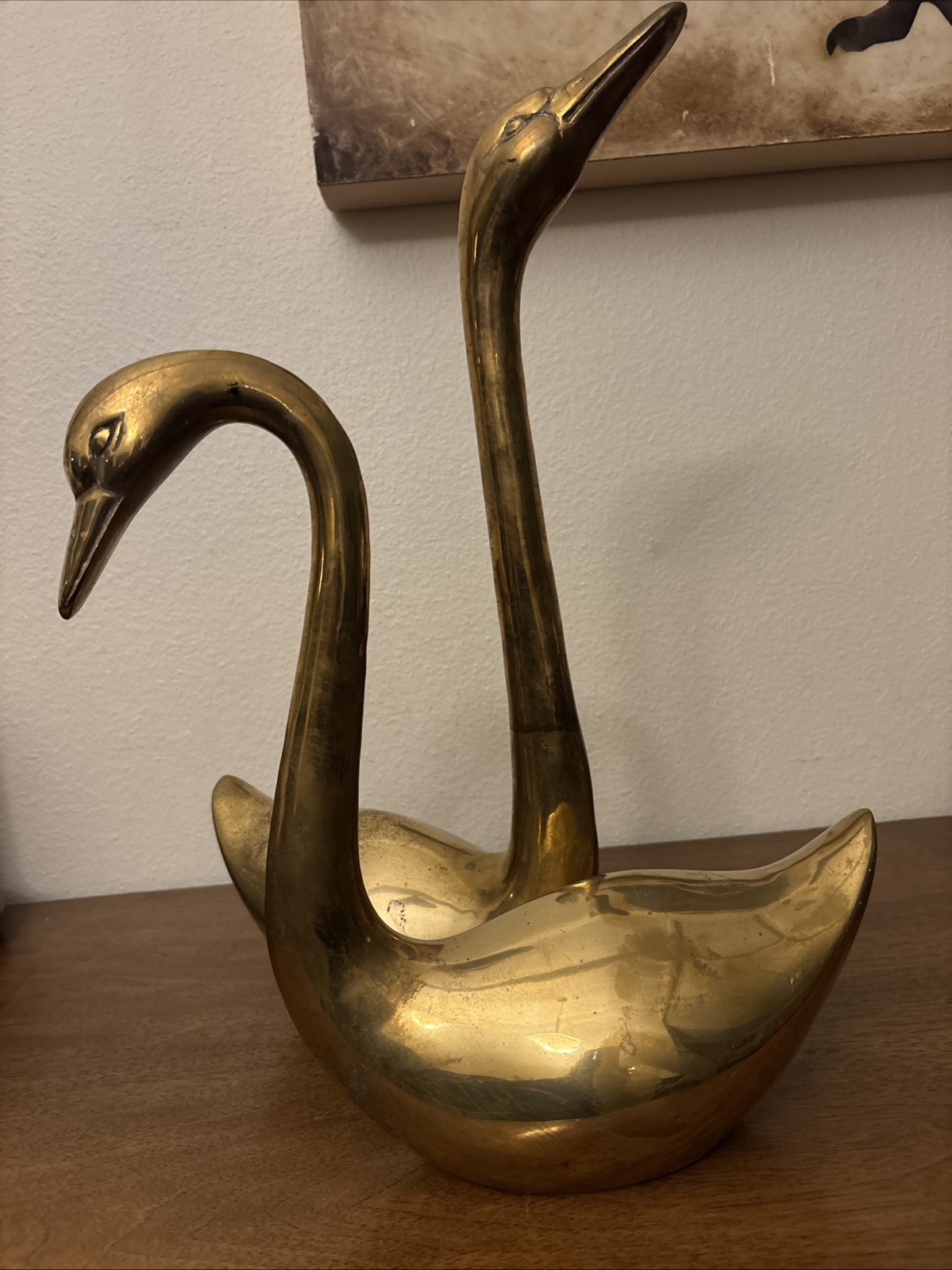 Vintage Large Brass Swan Mated Pair Sculptures MCM -  16” & 12” Cottagecore