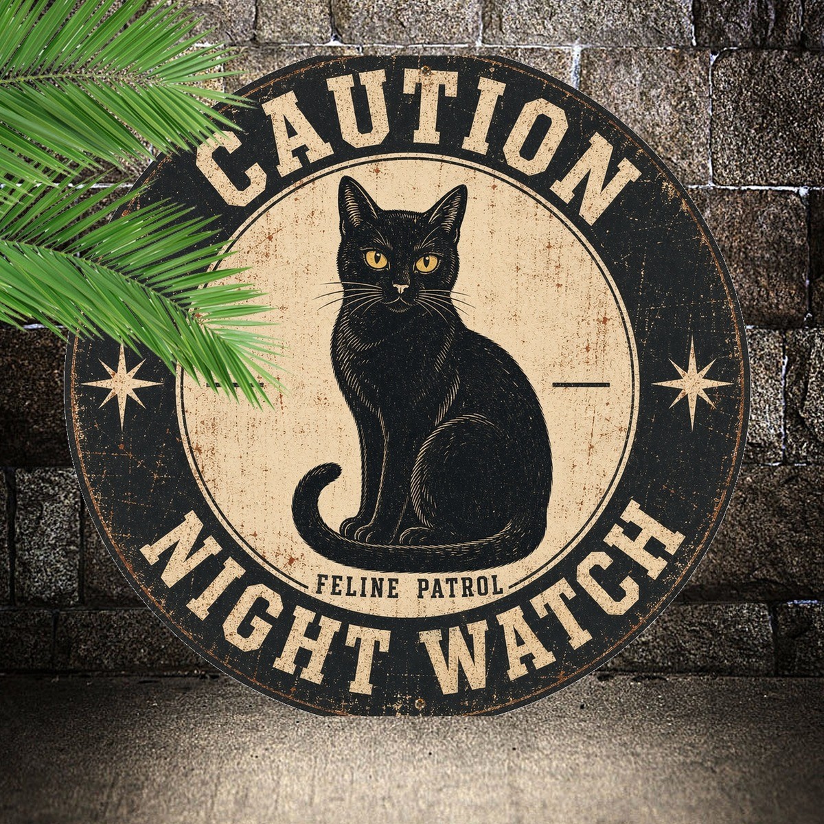 Beware of Black Cat On Duty Funny Pet Sign Round Metal Tin Sign 8x8