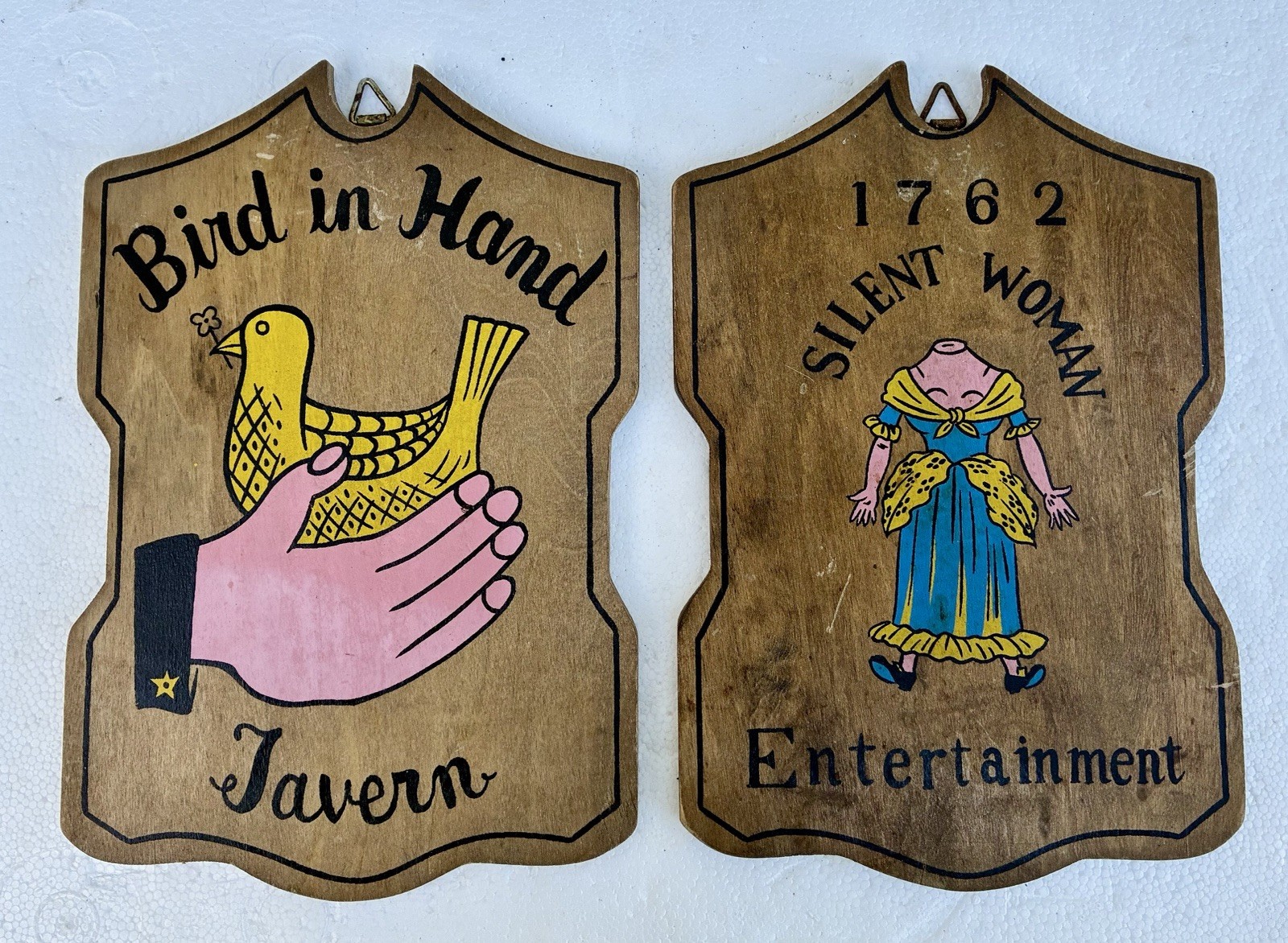 LOT OF 2 VINTAGE WOODEN TAVERN PUB SIGNS SILENT WOMAN ENTERTAINMENT BIRD IN HAND