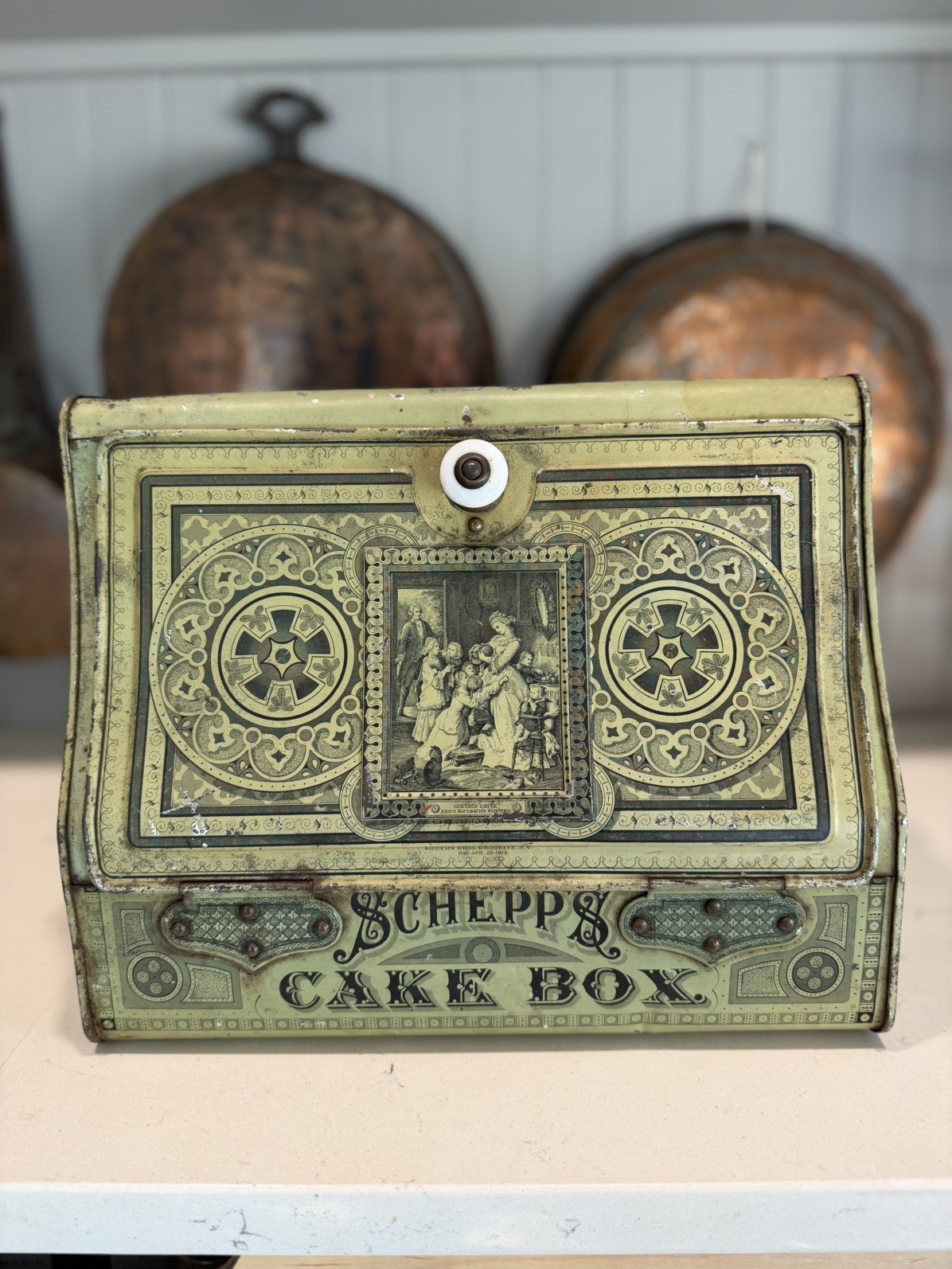 Antique Schepp's Metal Cake Box Tin Advertising 