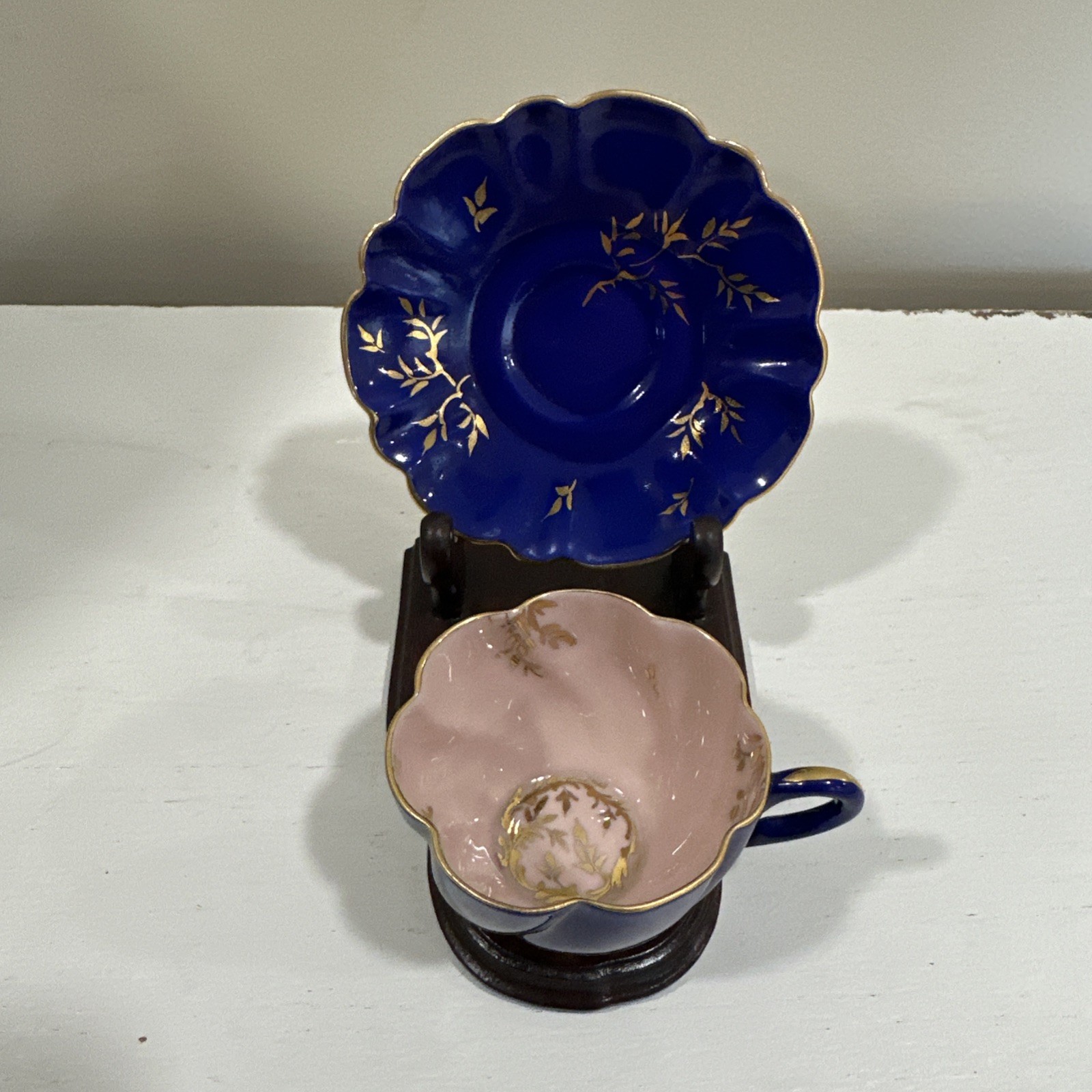 Vintage Leneige Crown Porcelain Blue, Gold & Pink Gilt Teacup Saucer No Chips Vintage Leneige Crown Porcelain Blue, Gold & Pink Gilt Teacup Saucer No Chips