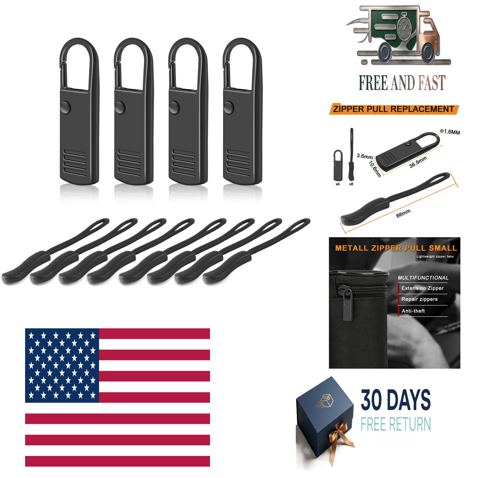 12 Pack Zipper Slider Replacement, 4Pack Metal + 8 Pack Nylon Zipper Pulls for