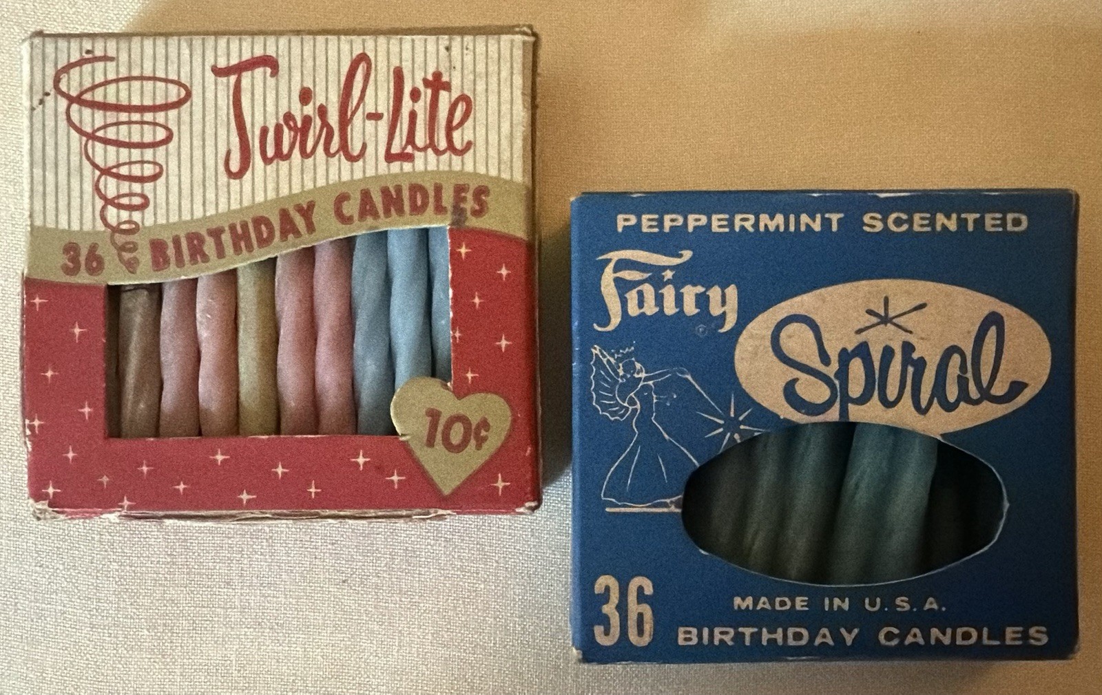 2 Vintage 1950s Birthday Candle Boxes Twirl-Lite Fairy Spiral Peppermint 🎂🎈🎉