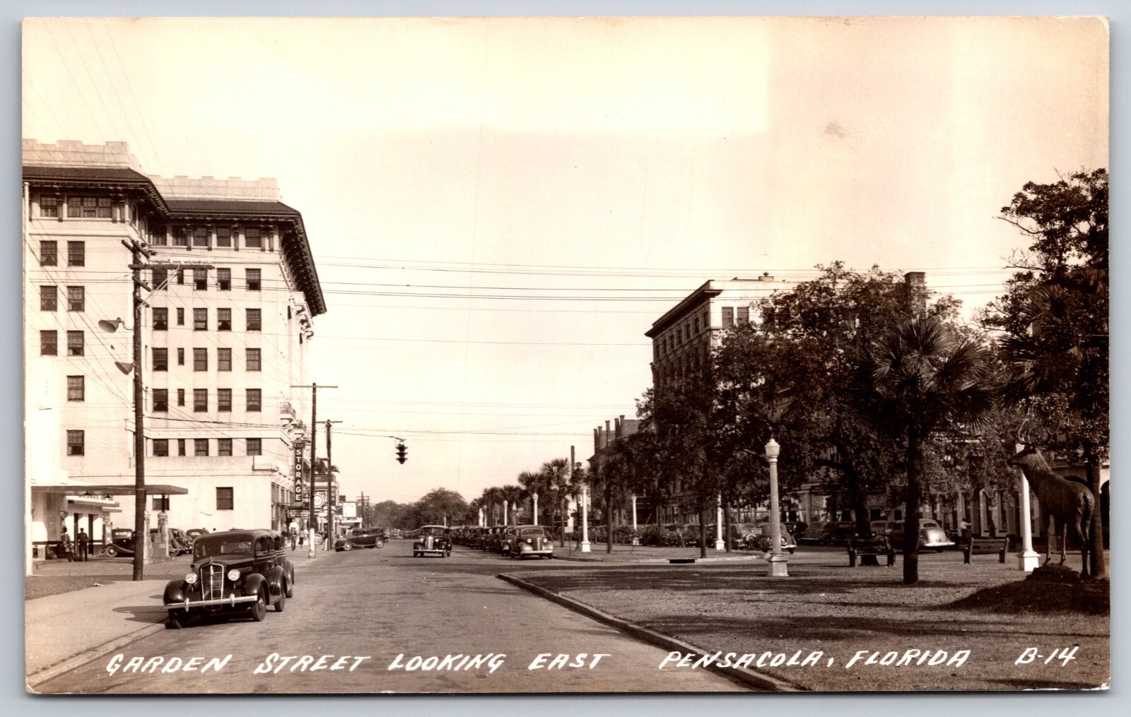Pensacola Florida~Car Storage Bldg~Pure Gas Sign~Garden Street Looking East RPPC