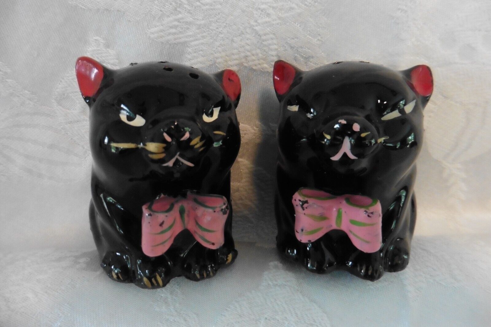Vintage Salt and Pepper Shakers~Redware Black Cats With Pink Bows