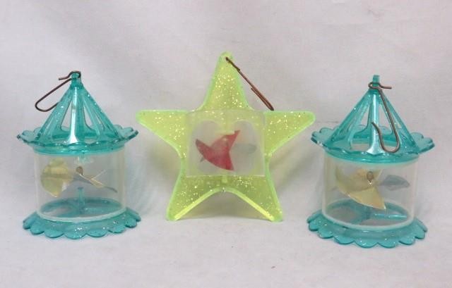 (3) Vintage Blue Gold Star SPINNER Pinwheel Twinkler Birdcage Christmas Ornament