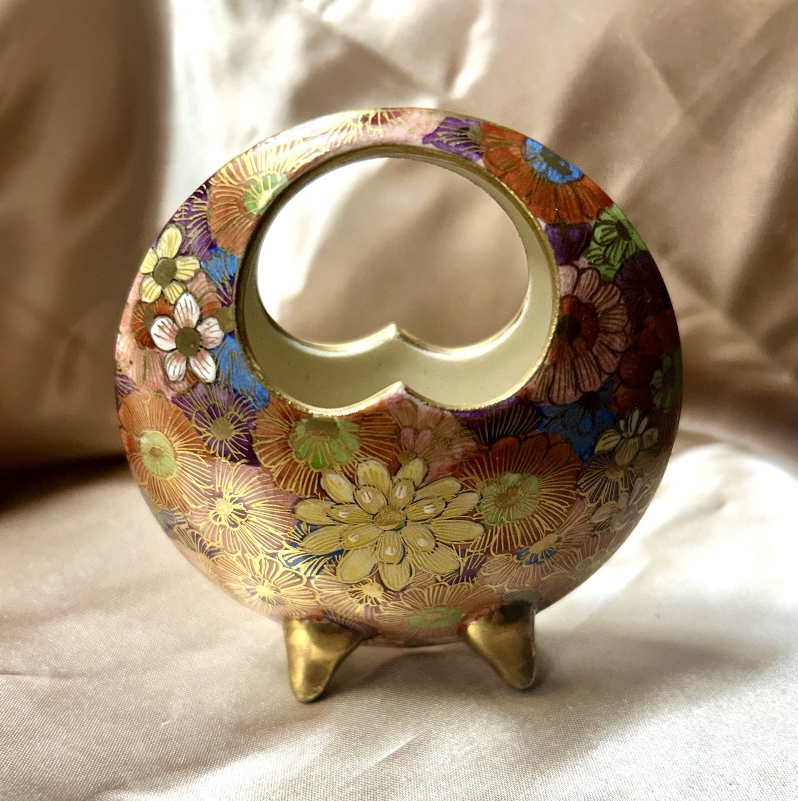 Vintage Japanese Satsuma Moriage Moon Vase Tripod Autumn Floral Gold