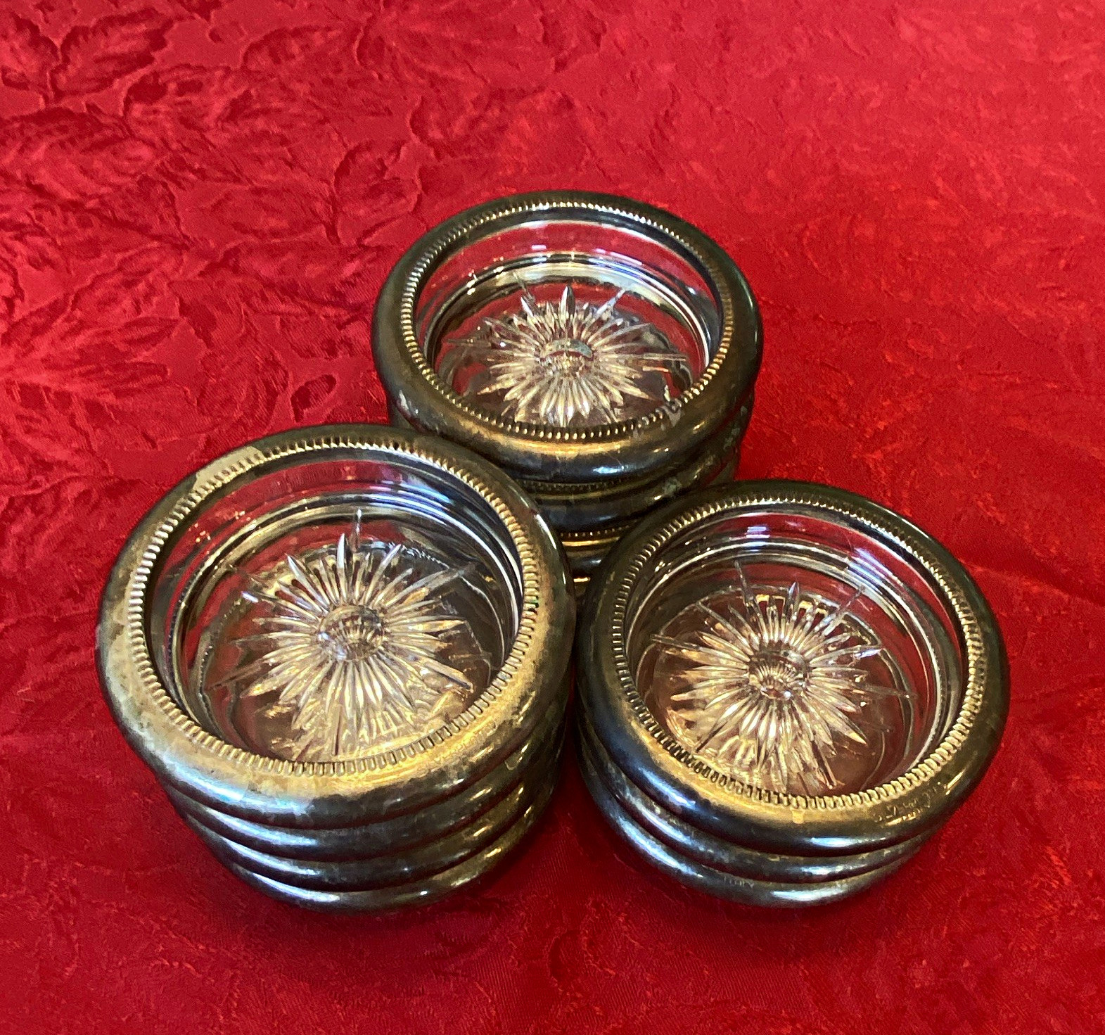 Vintage Set of 11 Leonard of Italy Starburst Coasters, Silverplated/Crystal