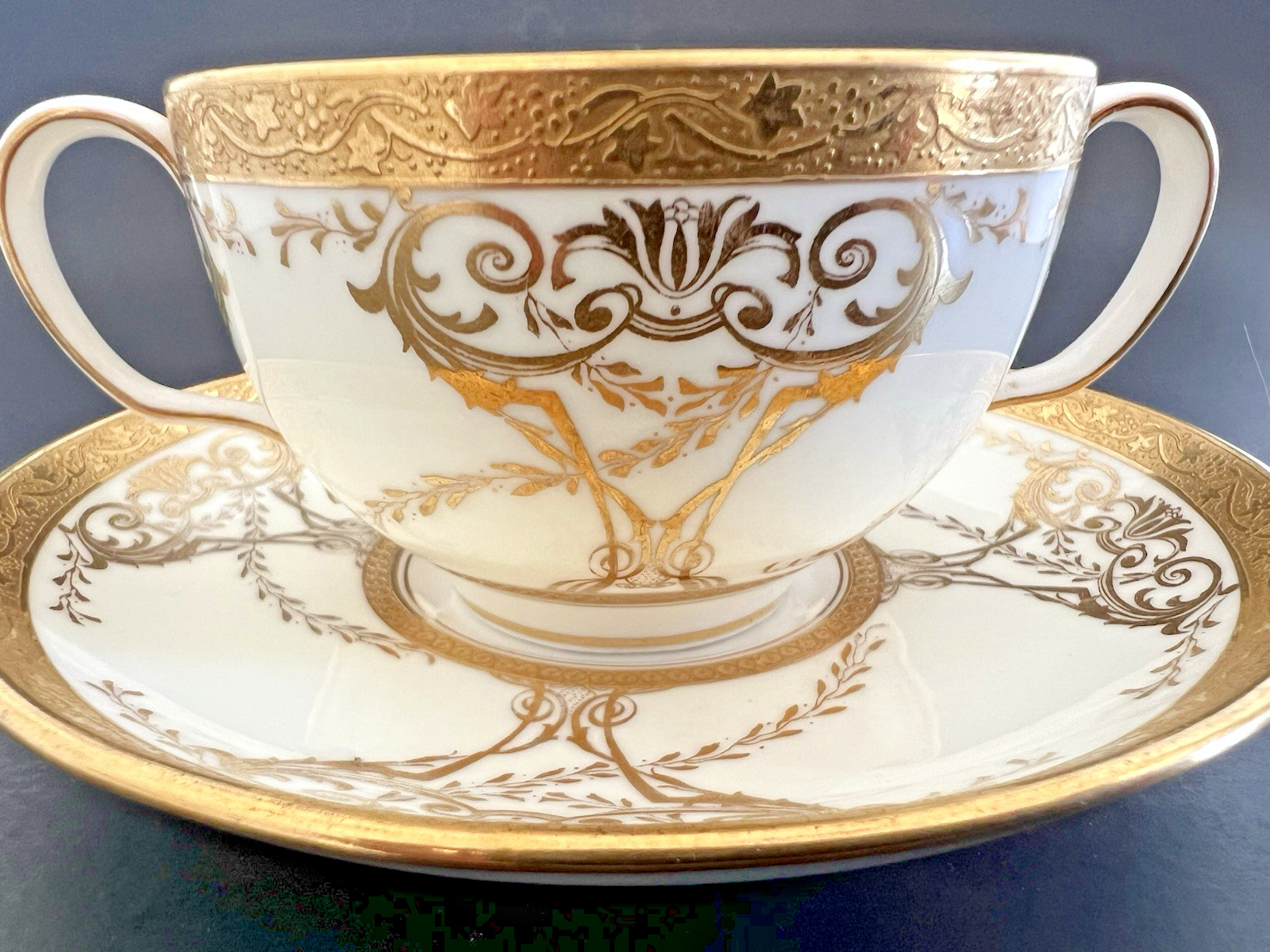 Antique Old MINTON Mark Raise Gold Encrust Scroll Hand Paint Bouillon Cup Saucer