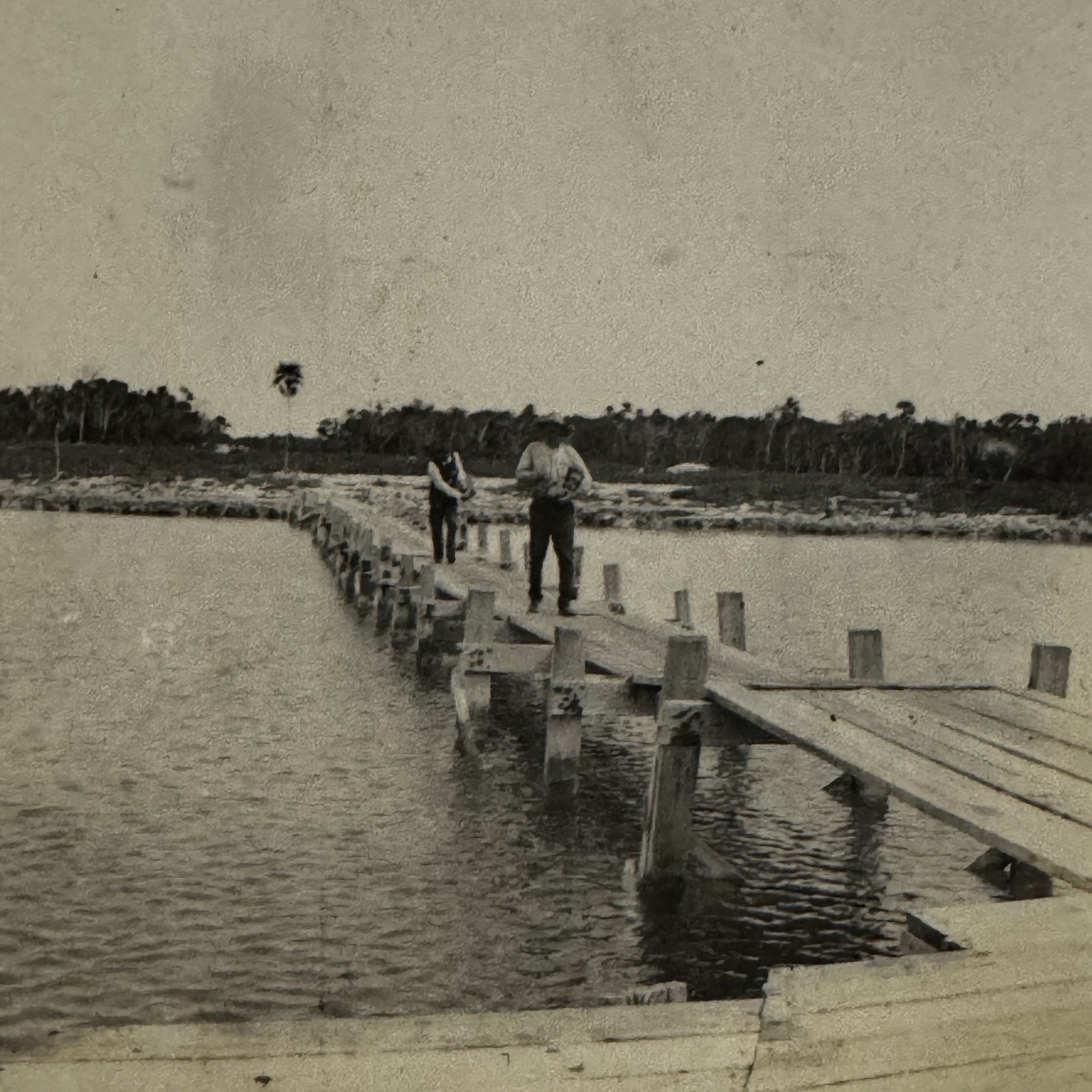 Vintage Snapshot Photo Long Wooden Dock Pier Waterfront Fishing c1940s 