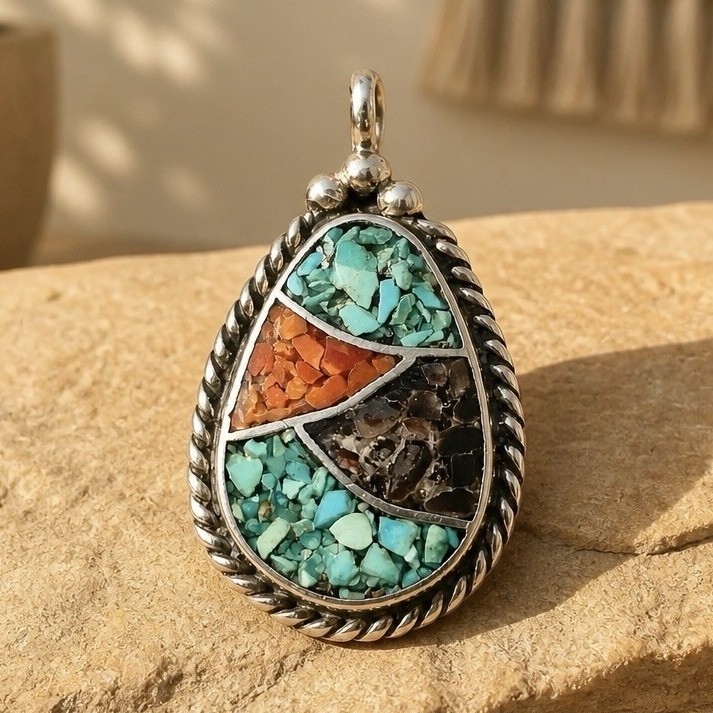 JK Hallmark Sterling Silver Native American Turquoise Coral Inlay Teardrop JK Hallmark Sterling Silver Native American Turquoise Coral Inlay Teardrop