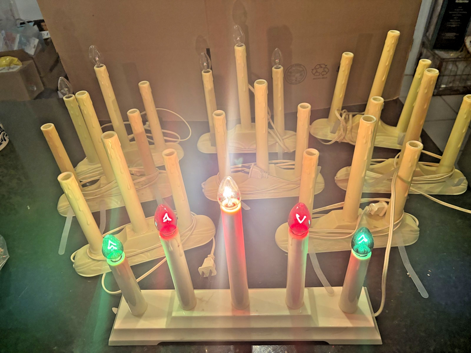 Lot 9 Vintage Electric Christmas Window Candoliers 8 Three-Light 1 Five-Light Wo
