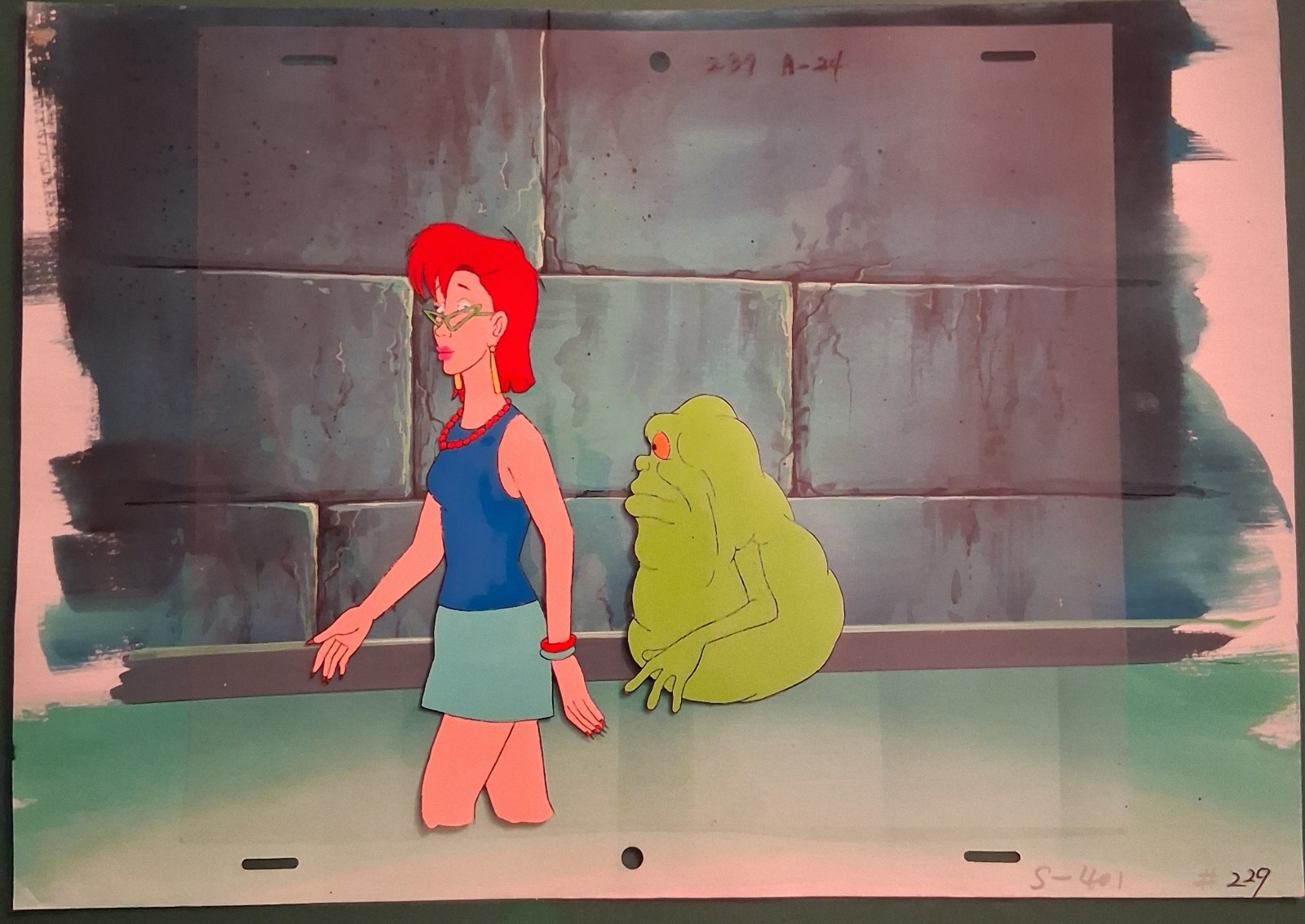 The Real Ghostbusters Animation Cel w/ Hand Painted Background w/ Slimer Janine
