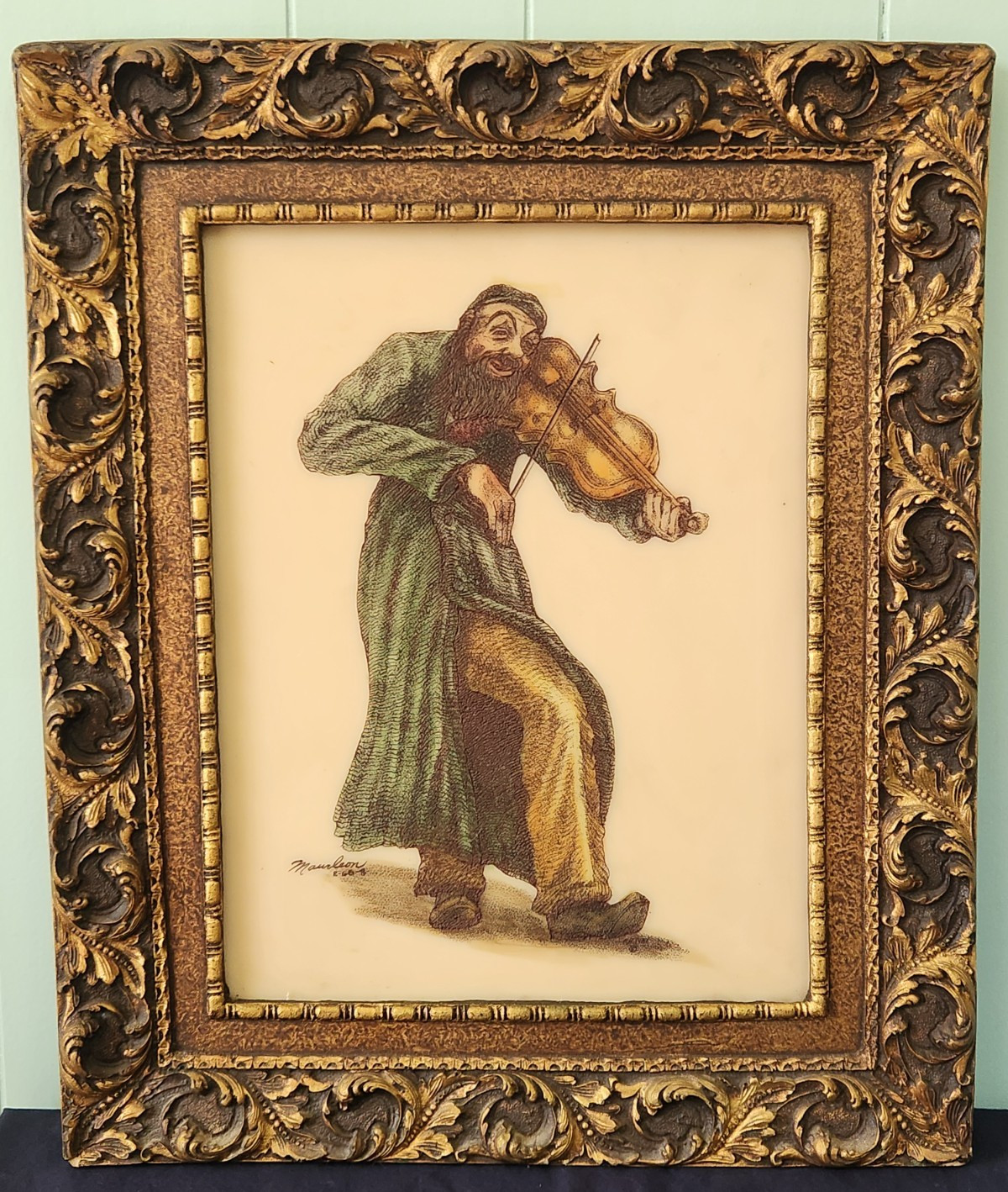 Artini- Fiddler-Engraving- Hand Painted Resin Plaque - Signed Maurleon VTG Artini- Fiddler-Engraving- Hand Painted Resin Plaque - Signed Maurleon VTG