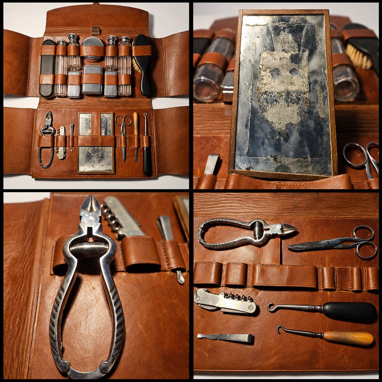 Vintage Antique Gentleman’s Grooming Kit Leather Case Glass Bottle Tools c.1900s