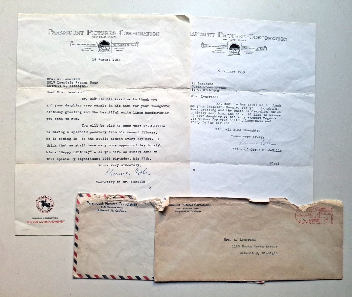 2 letters from the office of Cecil B. deMille, signed by his secretary, 1958-'59 2 letters from the office of Cecil B. deMille, signed by his secretary, 1958-'59