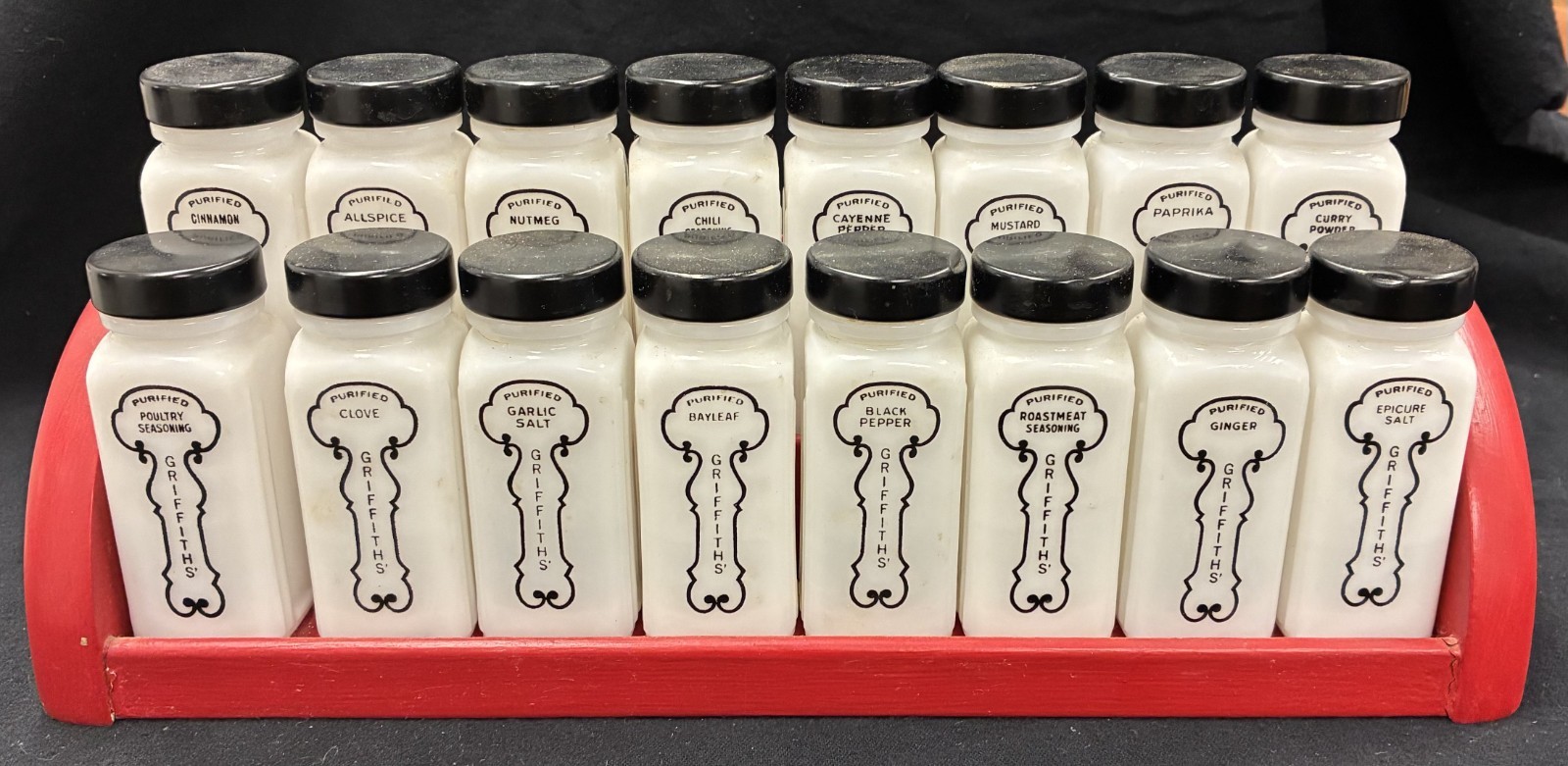 Vintage Griffith\'s Milk Glass Spice Jars Set of 16 w/ Wood Metal Rack & Lids
