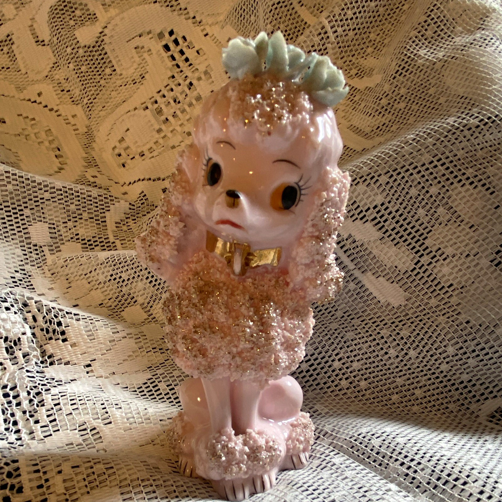 Vintage 1950s Pink Spaghetti Poodle Ceramic Figurine w/ Gold Accents Perfect Vintage 1950s Pink Spaghetti Poodle Ceramic Figurine w/ Gold Accents Perfect