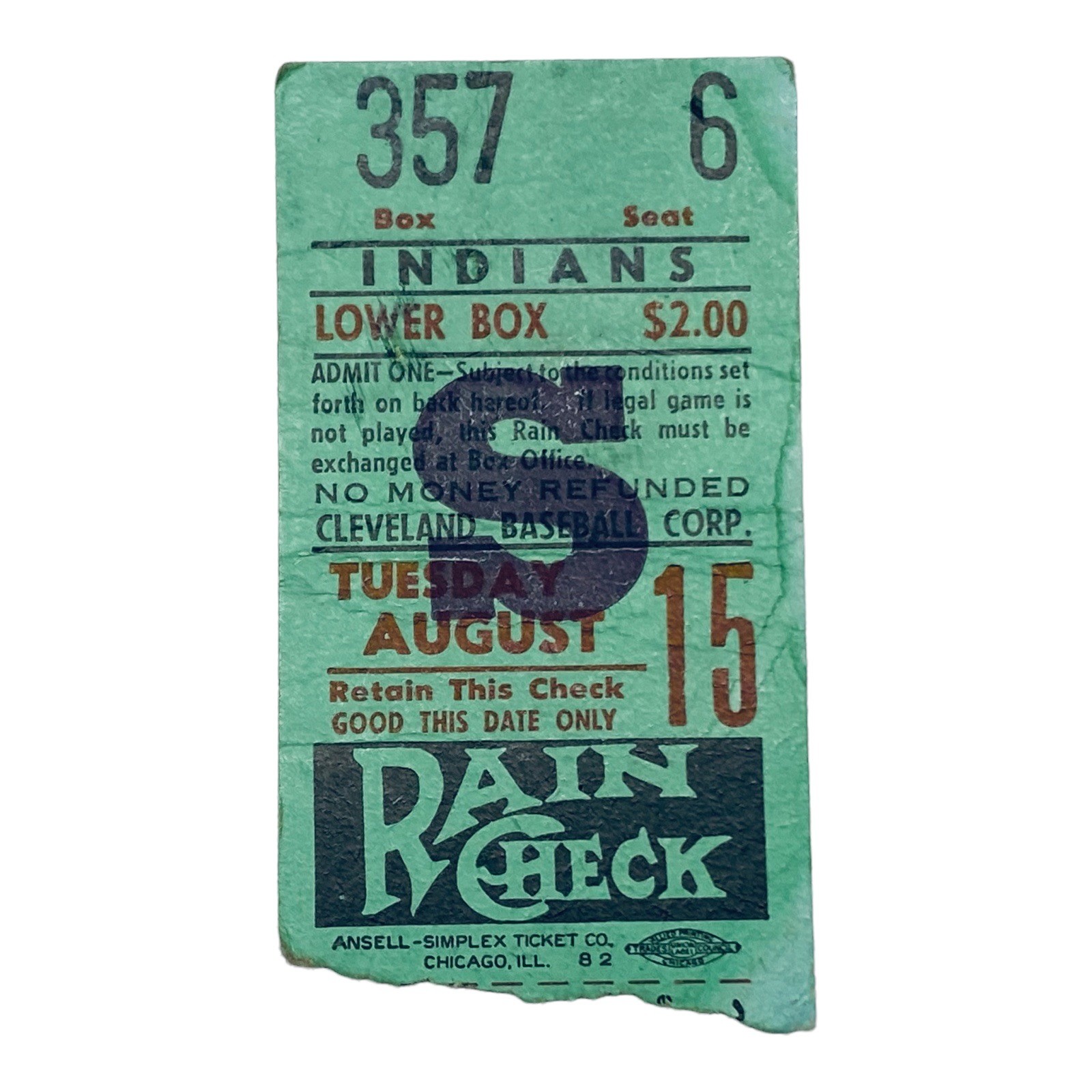 1950 Cleveland Indians Baseball Box Seat Rain Check B 1950 Cleveland Indians Baseball Box Seat Rain Check B