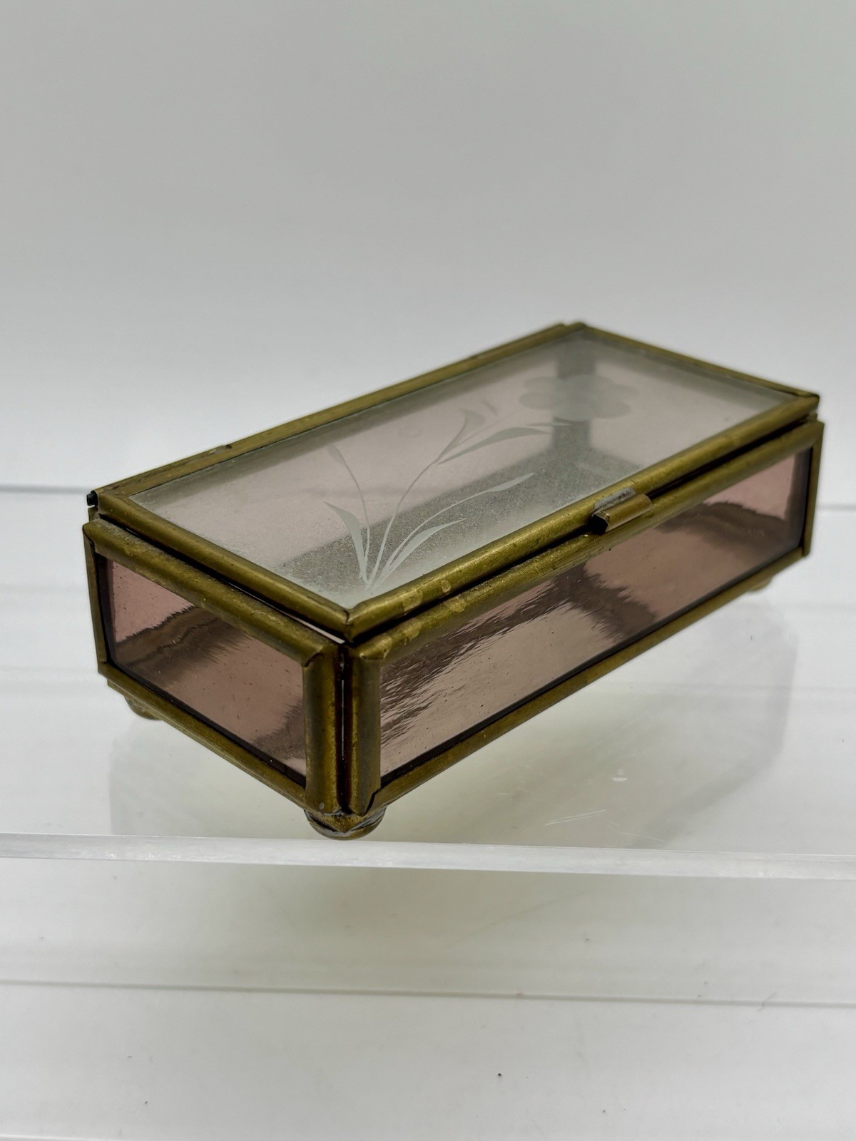 Vintage Pink Glass Jewelry Trinket Box Brass Floral Mirror Rectangle Mexico