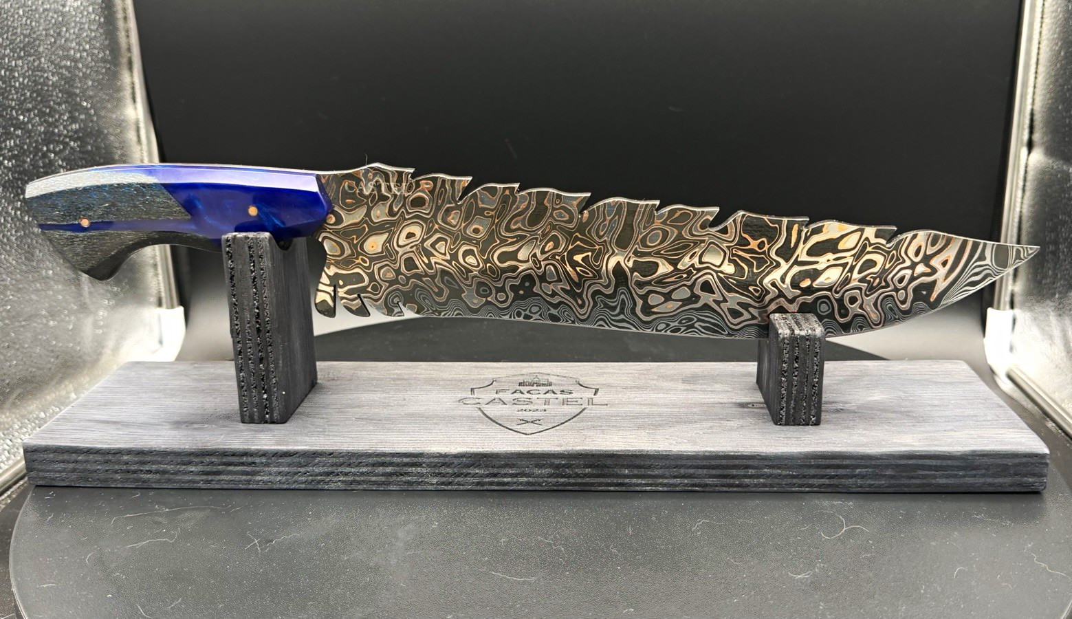 Hand Made 12” Copper Damascus BBQ Knife 480-Layer Full Tang Wood Resin Handle