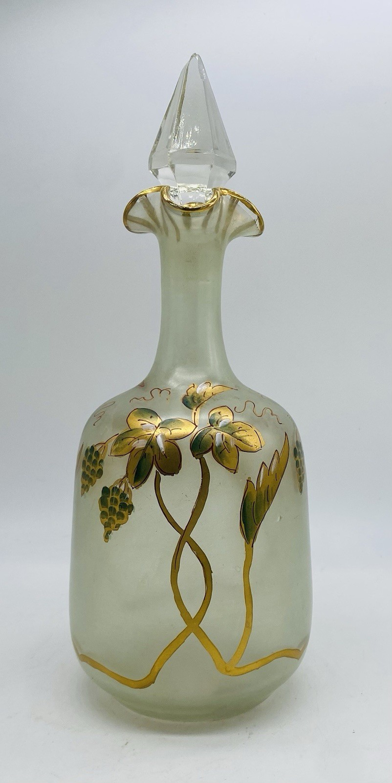 Tall Art Nouveau Bohemian HARRACH Frosted Glass Cruet Vase Gold Floral Enamel Tall Art Nouveau Bohemian HARRACH Frosted Glass Cruet Vase Gold Floral Enamel