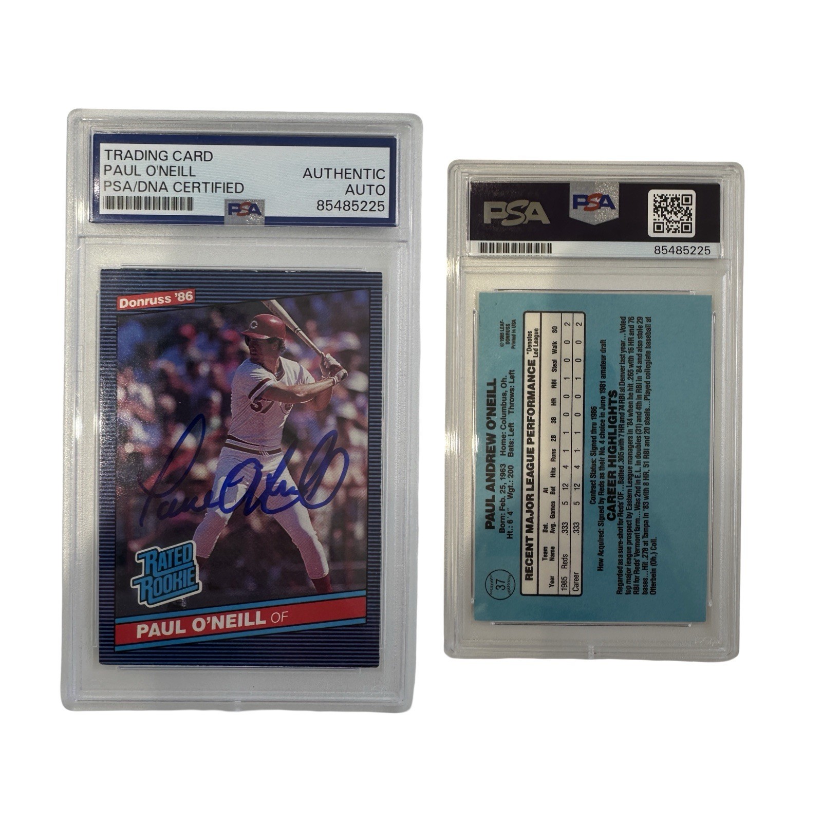 1986 Paul O’Neill Autographed Leaf Donruss Rated Rookie #37 PSA Auto Authentic