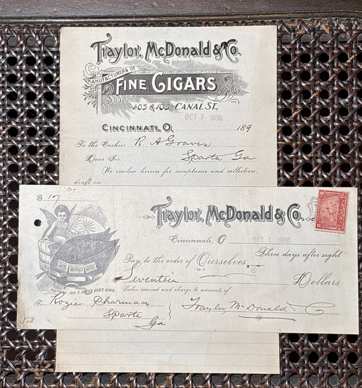 1900 Cincinnati OH Cigar Invoice Check Traylor Matchless Tobacco Box Cupid Art