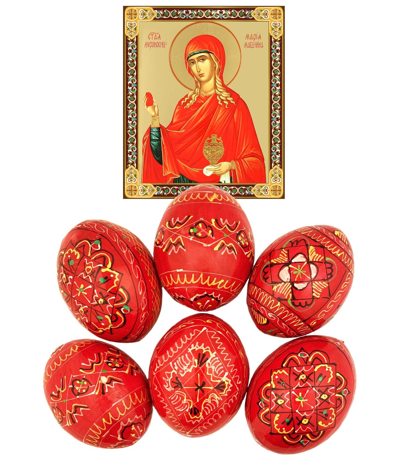 Mary Magdalene Icon 6 Red Pysanky Pisanki Eggs Hand Painted Ukrainian Wood