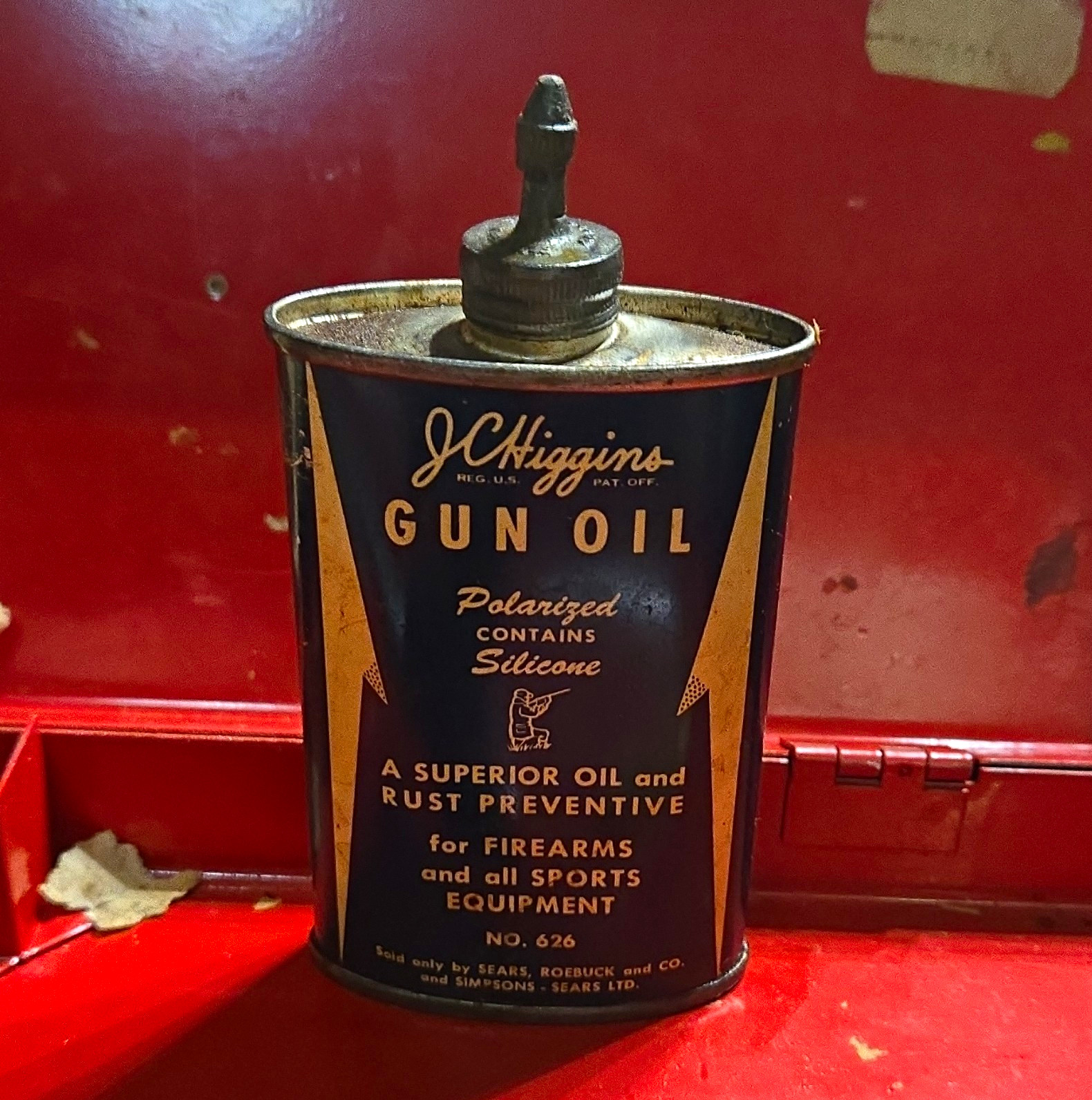Vintage J.C. Higgins Polarized Gun Oil Advertising Can Contains Silicone Vintage J.C. Higgins Polarized Gun Oil Advertising Can Contains Silicone