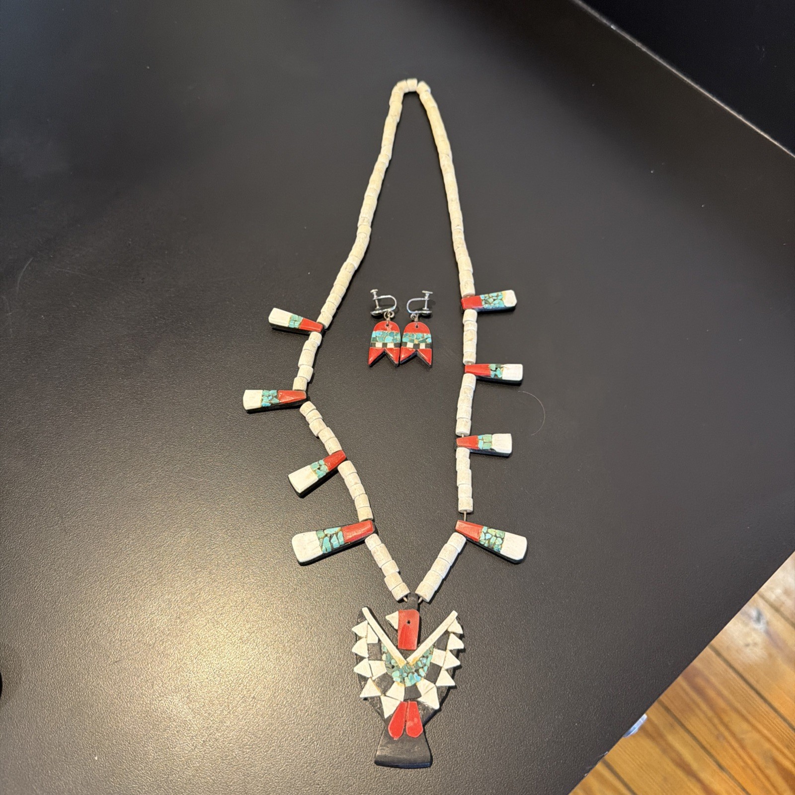Vintage Santo Domingo Indian Depression Era Thunderbird Necklace & Earrings 