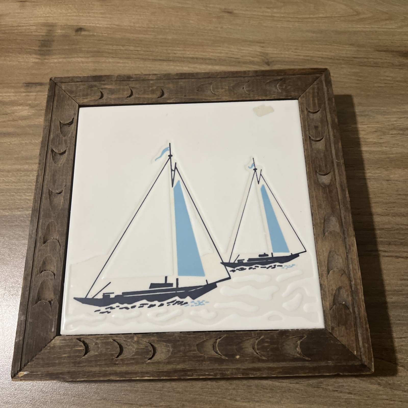 Vintage Wood Frame Ceramic Trivet Made In Spain Sailboats 8” Mid Century Modern Vintage Wood Frame Ceramic Trivet Made In Spain Sailboats 8” Mid Century Modern