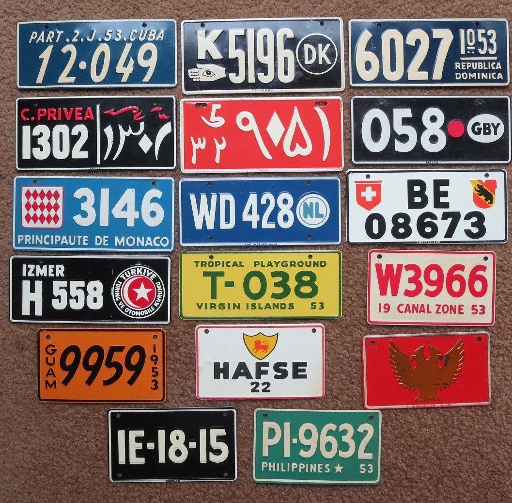 1953 Wheaties Foreign Mini Metal Bike License Plate Cuba Guam Denmark Iran Italy