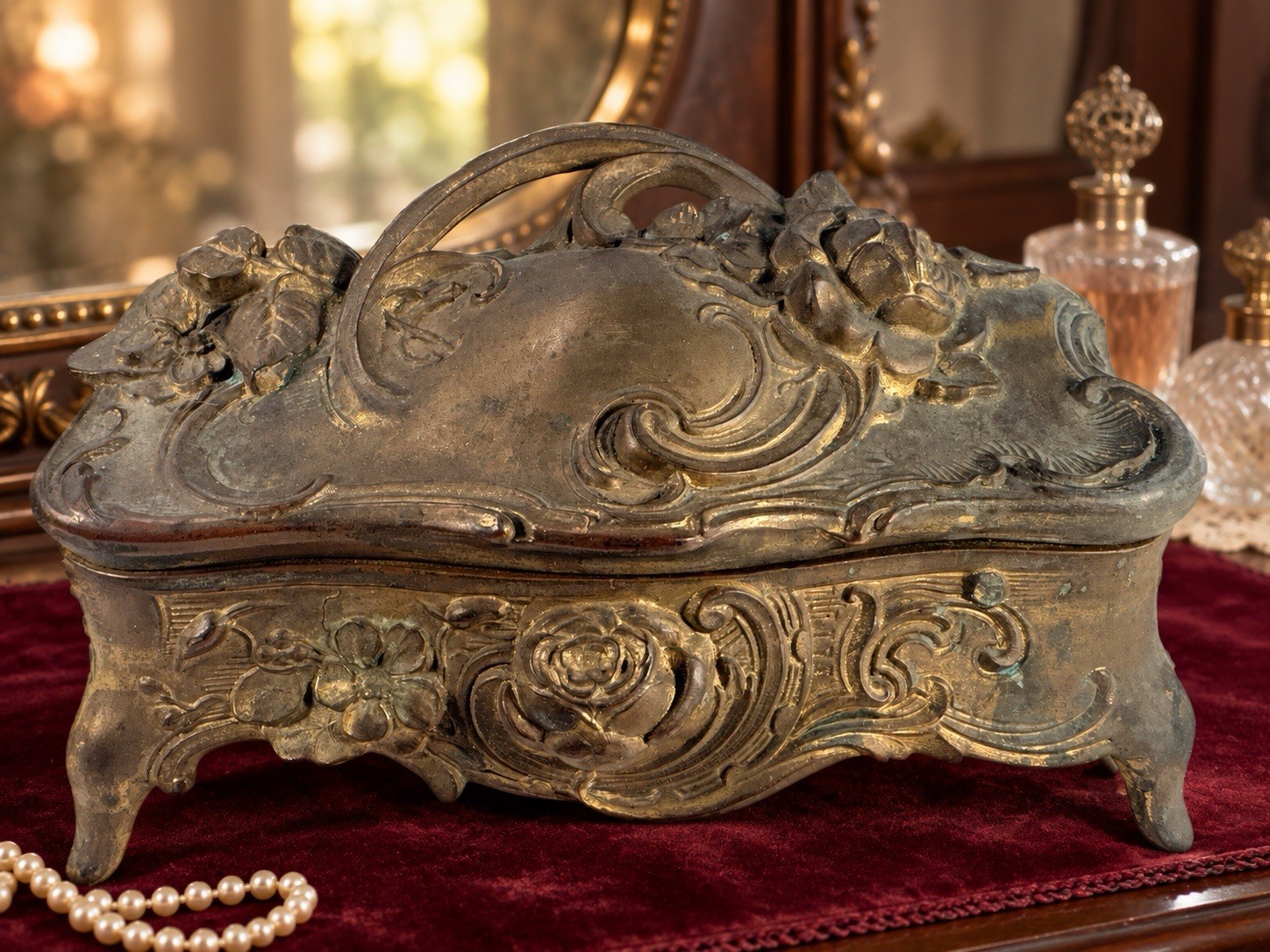 ANTIQUE ART NOUVEAU ORNATE CAST METAL FOOTED ROSE JEWELRY CASKET TRINKET BOX