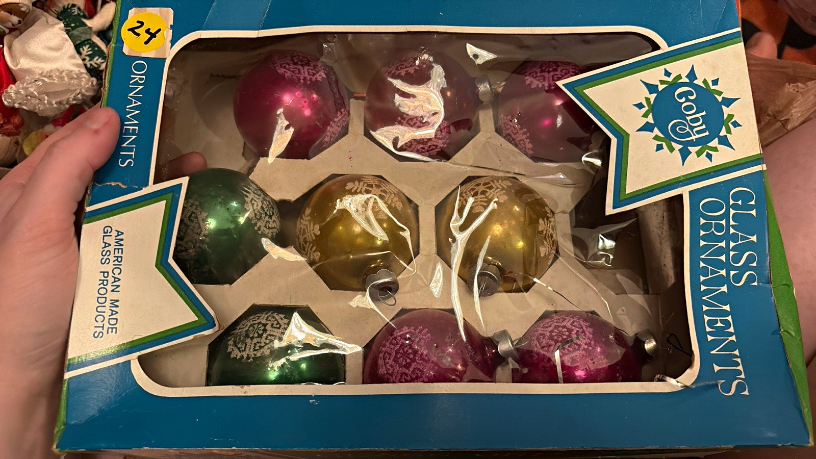Vintage Coby USA Glass Christmas Ball Ornaments stenciled in box 