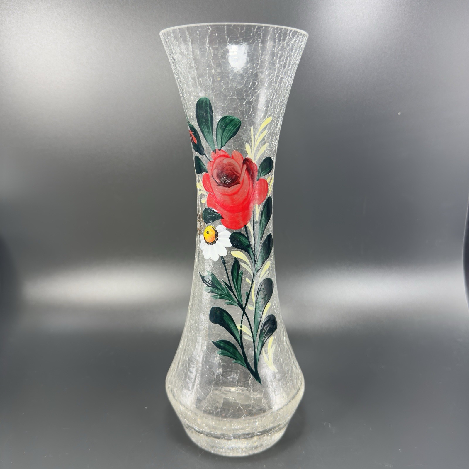 Vintage Tall Art Glass Vase Clear Crackle Glass Vessel Vase With Floral Pattern