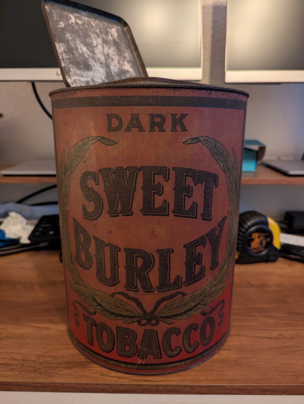 Large Early Vintage Antique Vintage Dark SWEET BURLEY TOBACCO Canister Tin