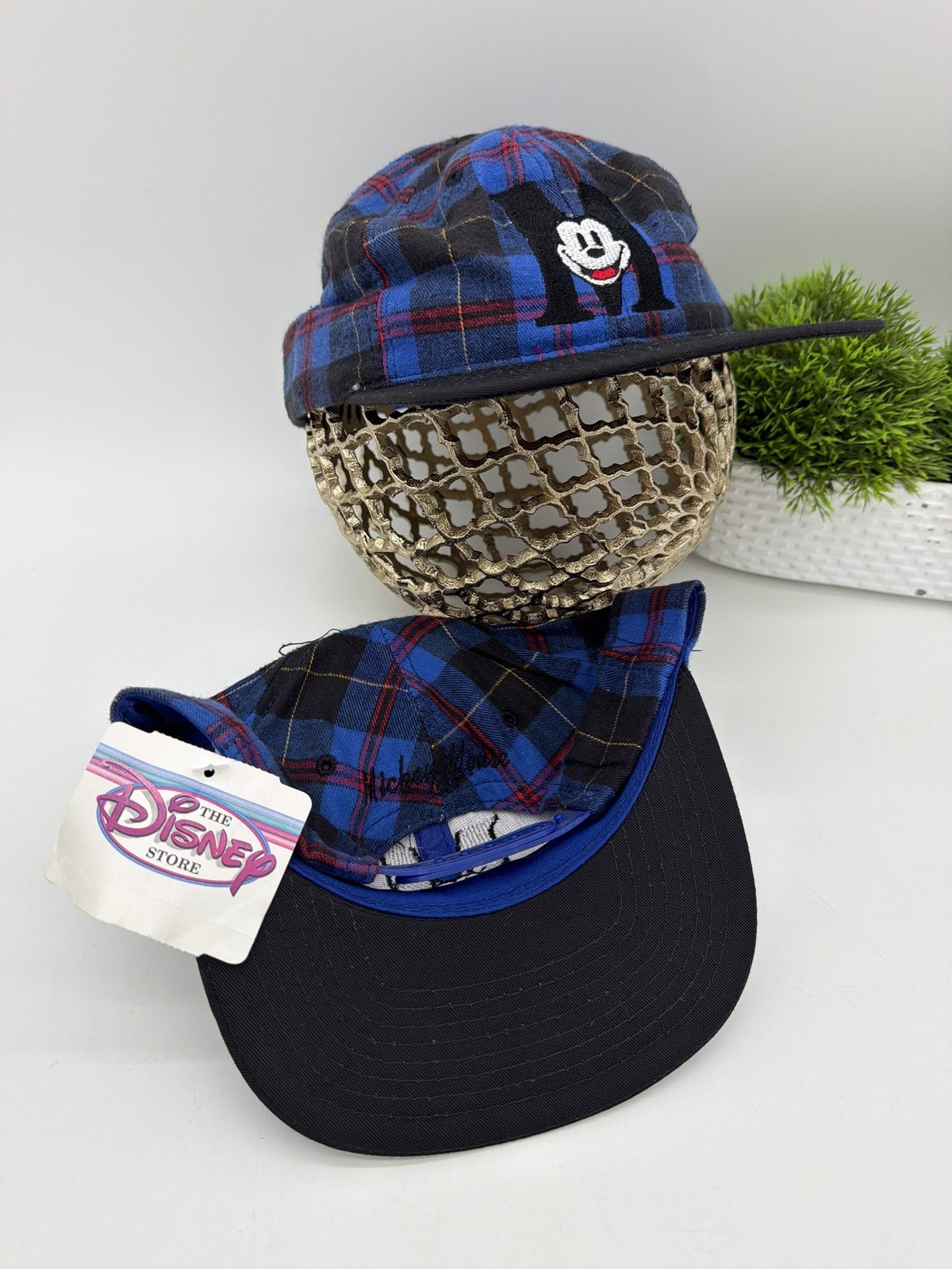 Vintage 90s The Disney Store Mickey Mouse M Blue Plaid Snapback Hat Made in USA